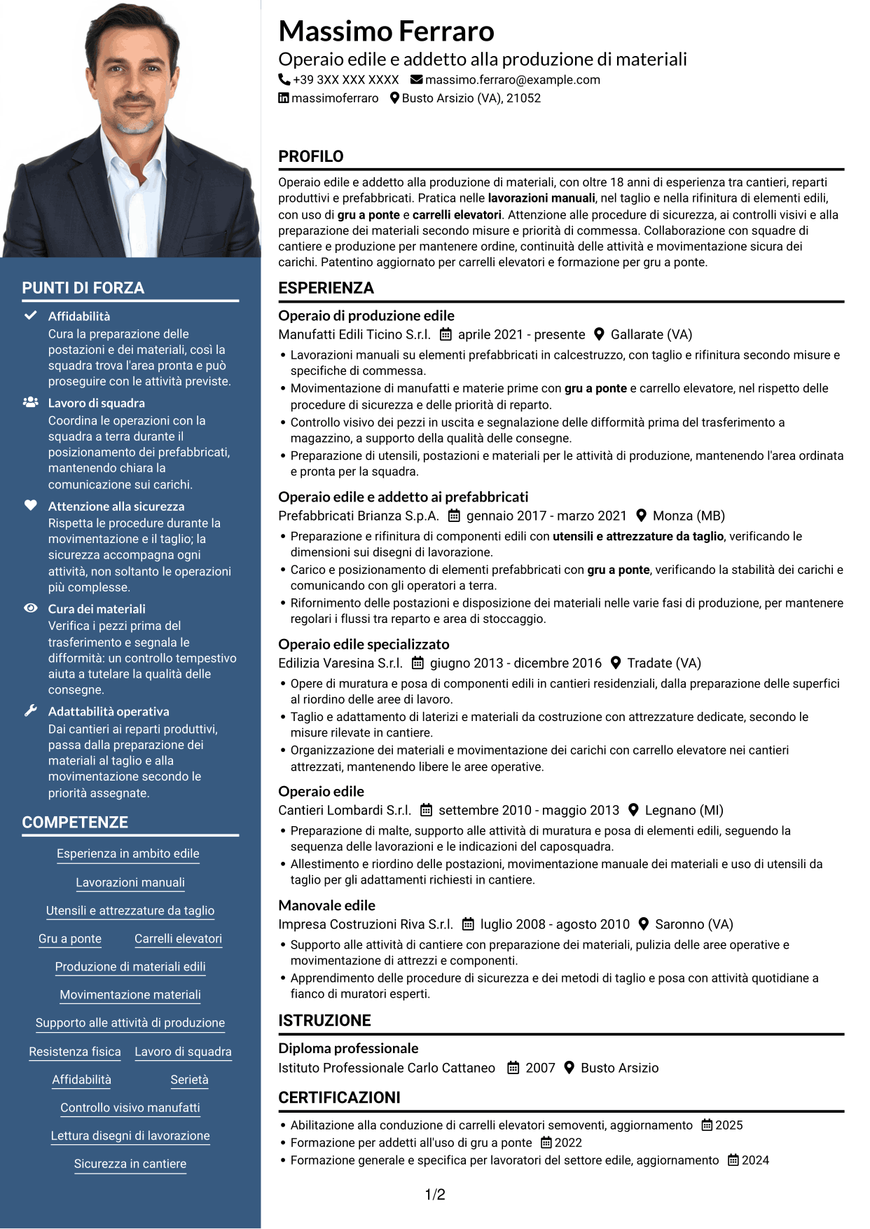 CV Signature (formato con colonna laterale colorata e foto grande): Operaio edile - Produzione di materiali edili, pagina 1