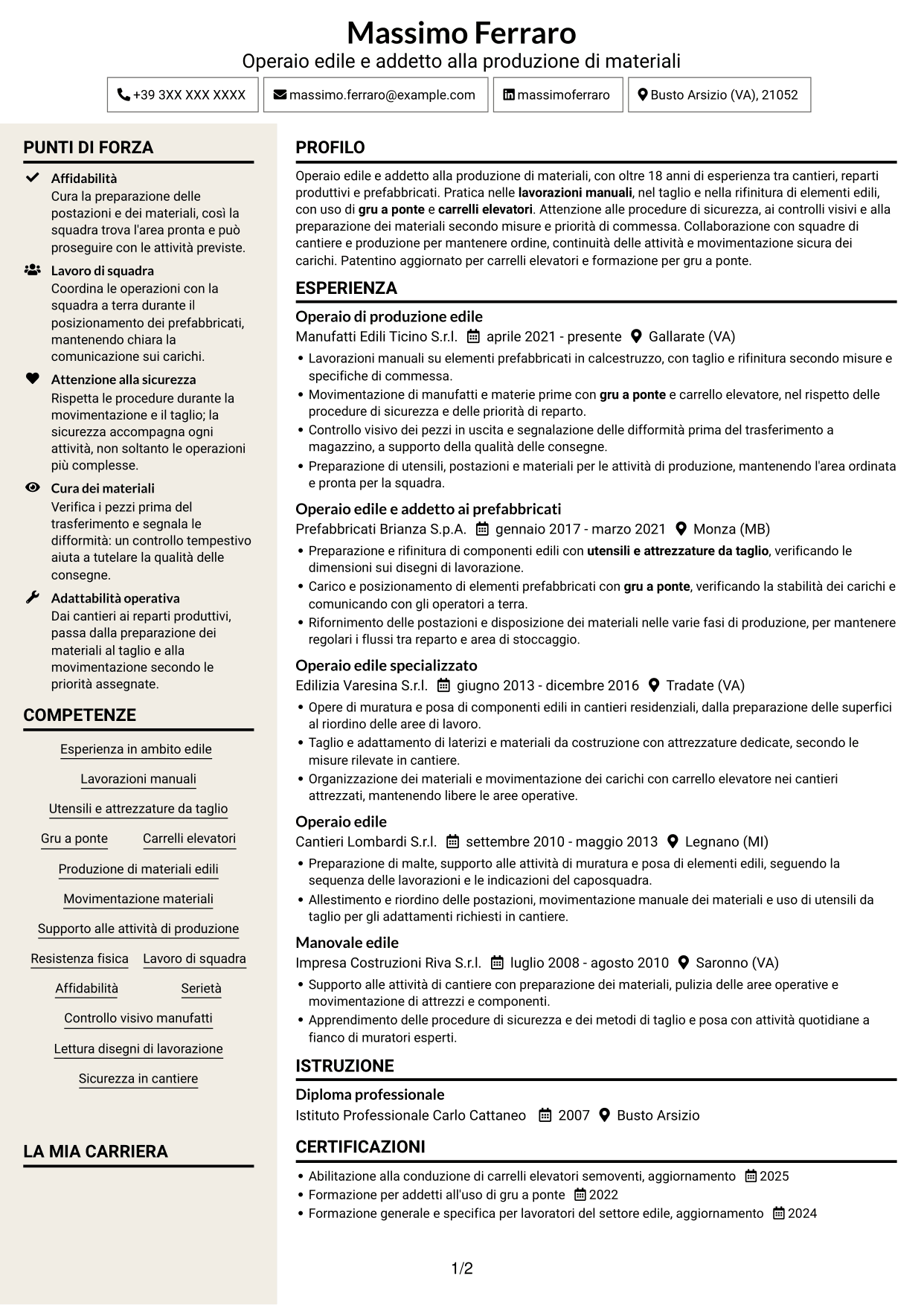CV Intraprendente (formato a due colonne con intestazione centrata senza foto): Operaio edile - Produzione di materiali edili, pagina 1