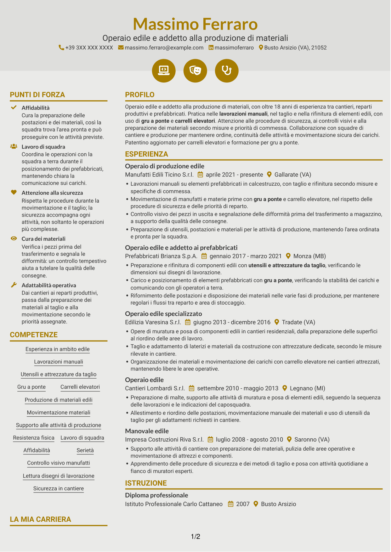 CV Dinamico (formato a due colonne con icone): Operaio edile - Produzione di materiali edili, pagina 1
