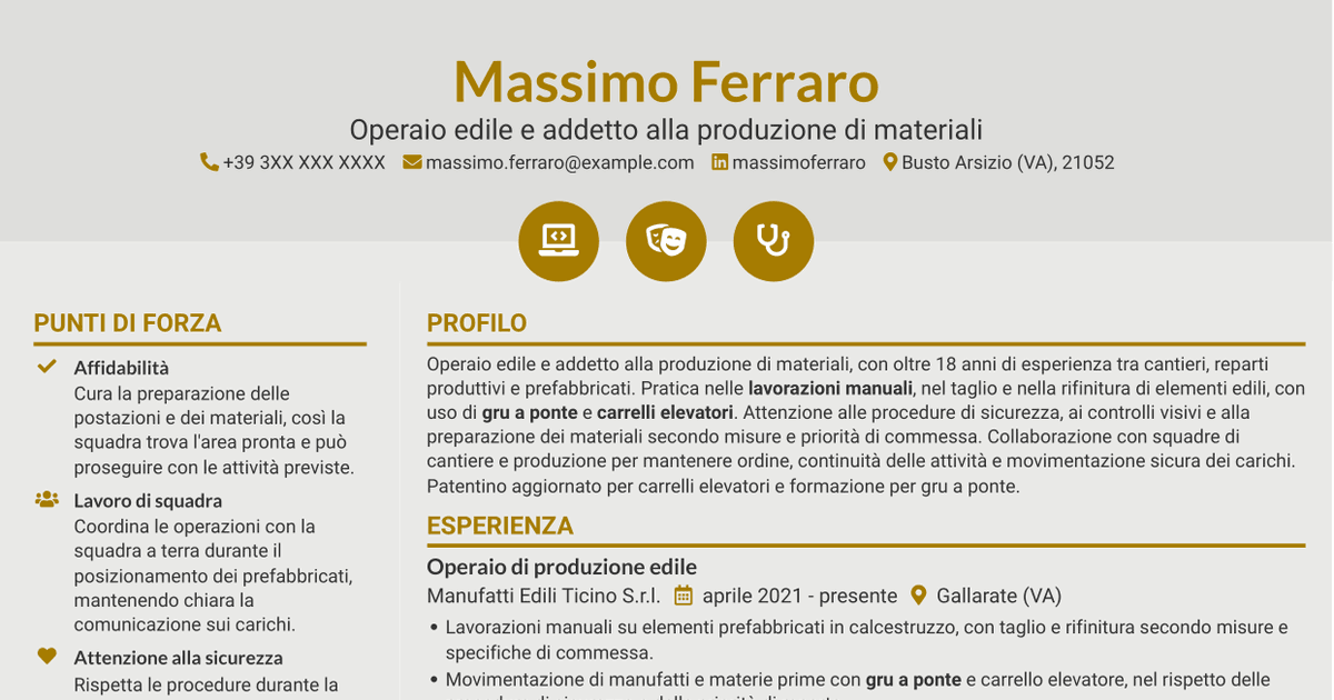 7 modelli di CV per Operaio edile - Produzione di materiali edili, con esempi