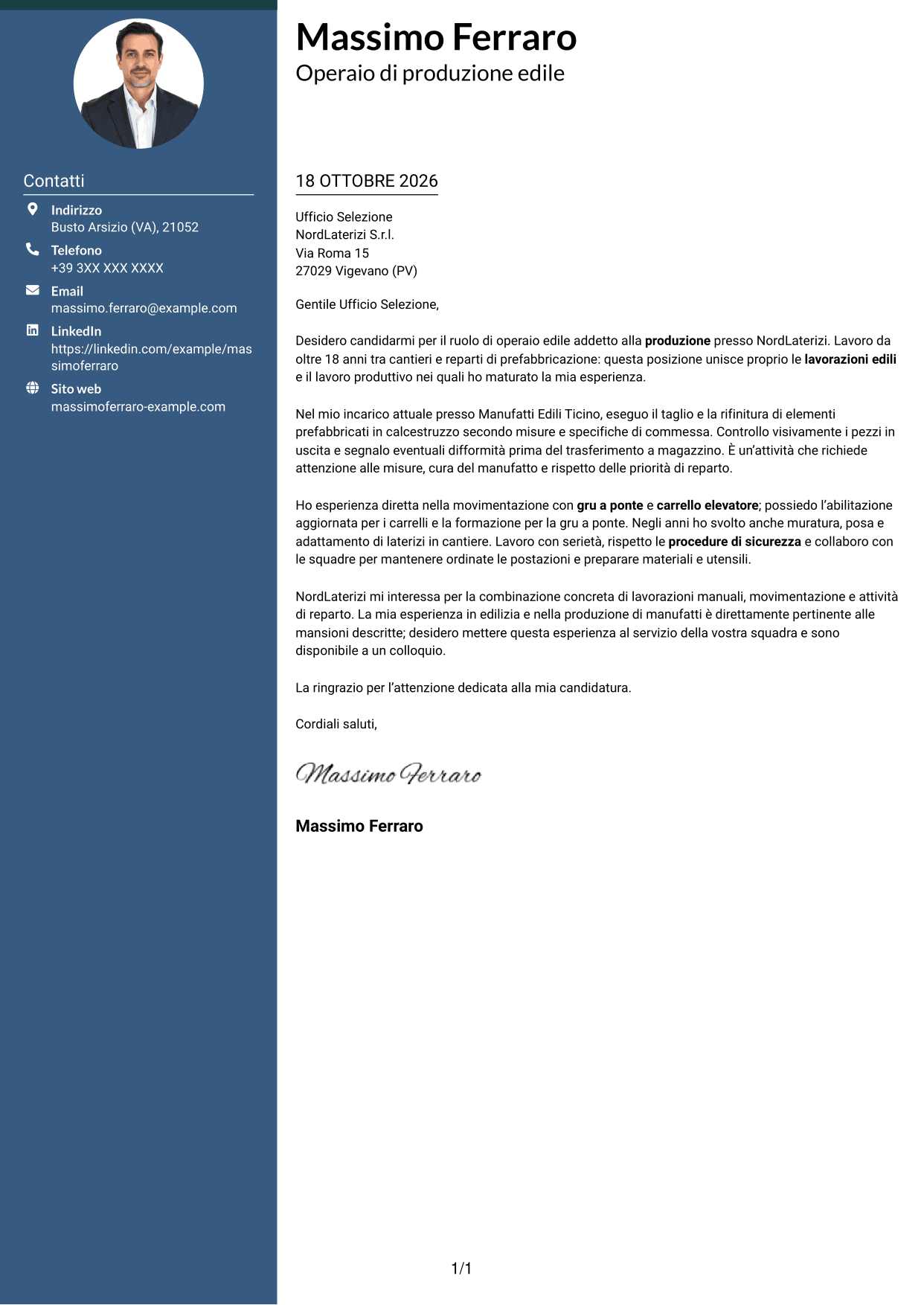 Lettera di presentazione Elegante (formato con colonna laterale colorata e foto): Operaio edile - Produzione di materiali edili, pagina 1