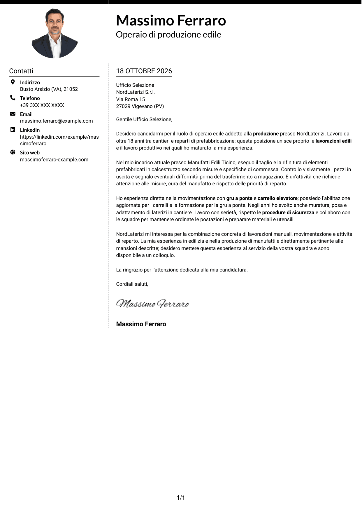 Lettera di presentazione Moderno (formato a due colonne con foto a sinistra e separatore): Operaio edile - Produzione di materiali edili, pagina 1