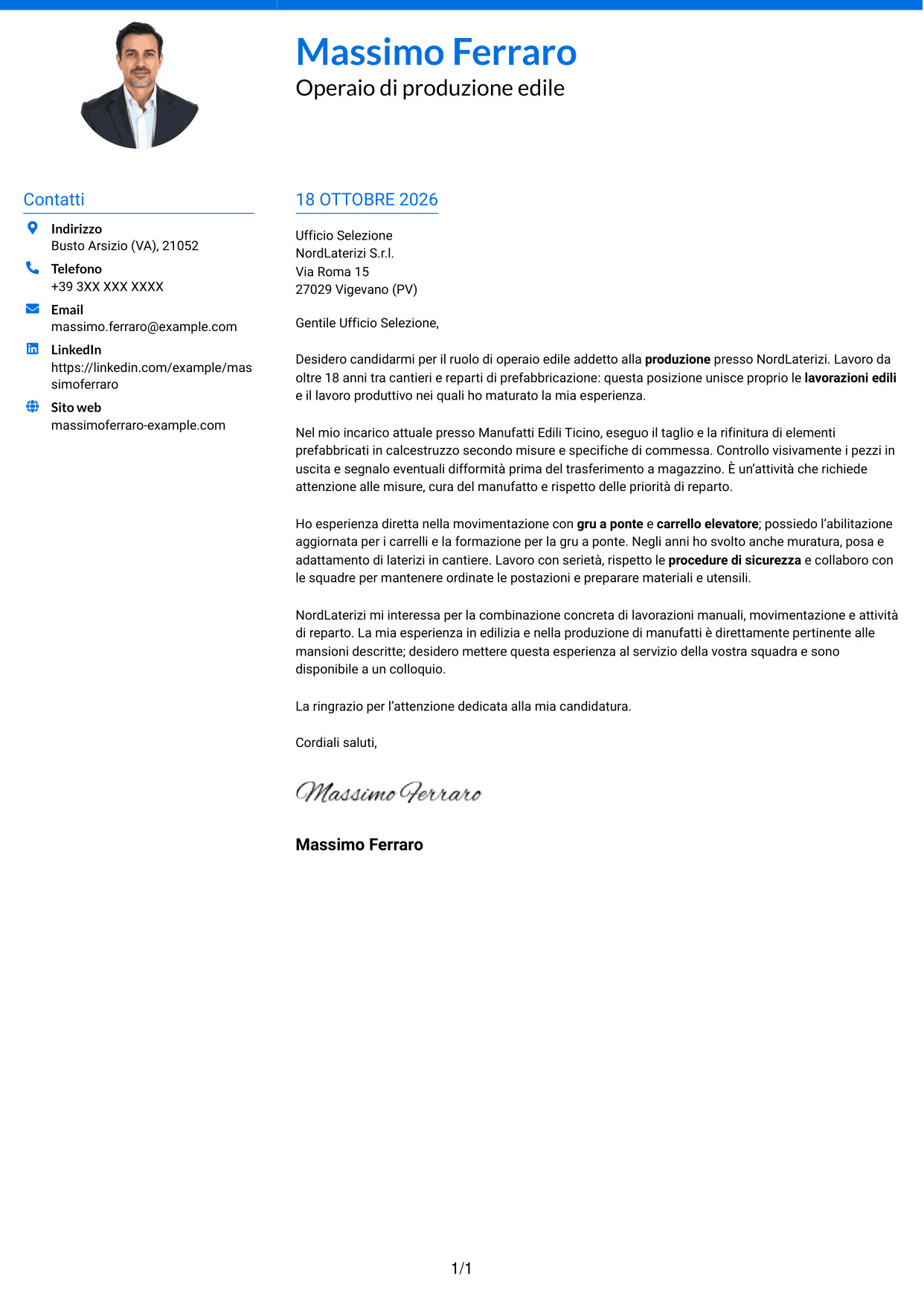 Lettera di presentazione Audace (formato a due colonne con accenti colorati e foto): Operaio edile - Produzione di materiali edili, pagina 1