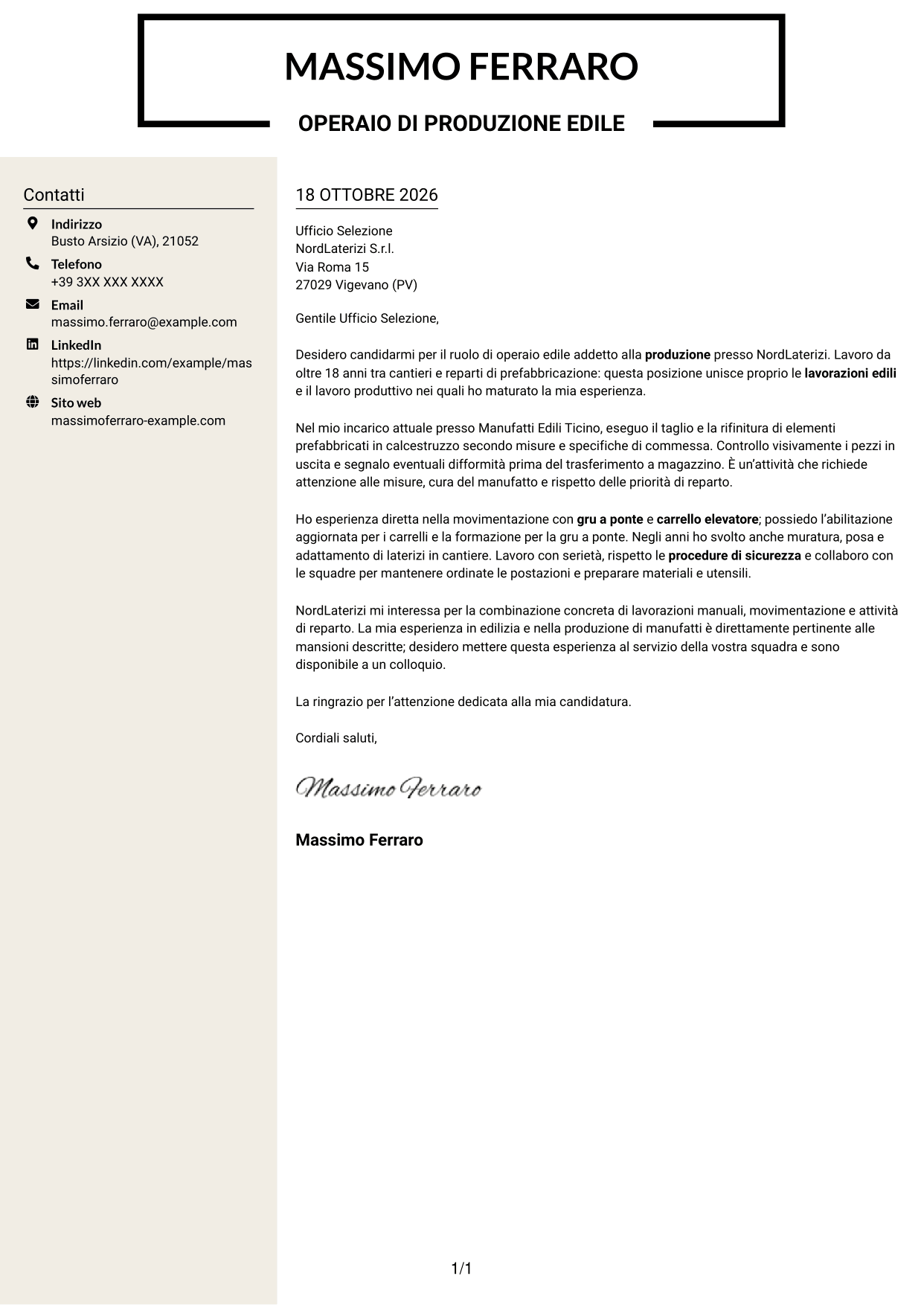 Lettera di presentazione Intraprendente (formato a due colonne con intestazione centrata senza foto): Operaio edile - Produzione di materiali edili, pagina 1