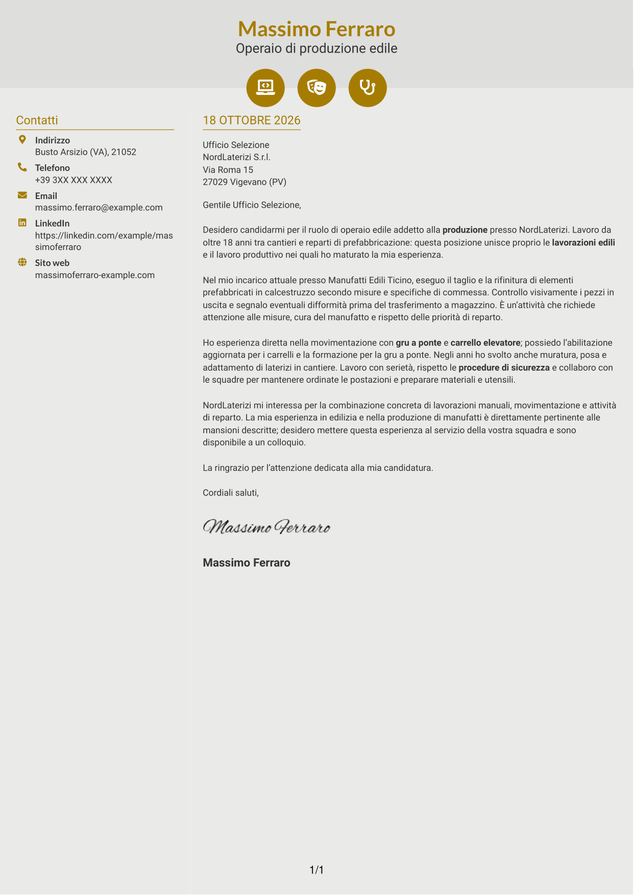Lettera di presentazione Dinamico (formato a due colonne con icone): Operaio edile - Produzione di materiali edili, pagina 1