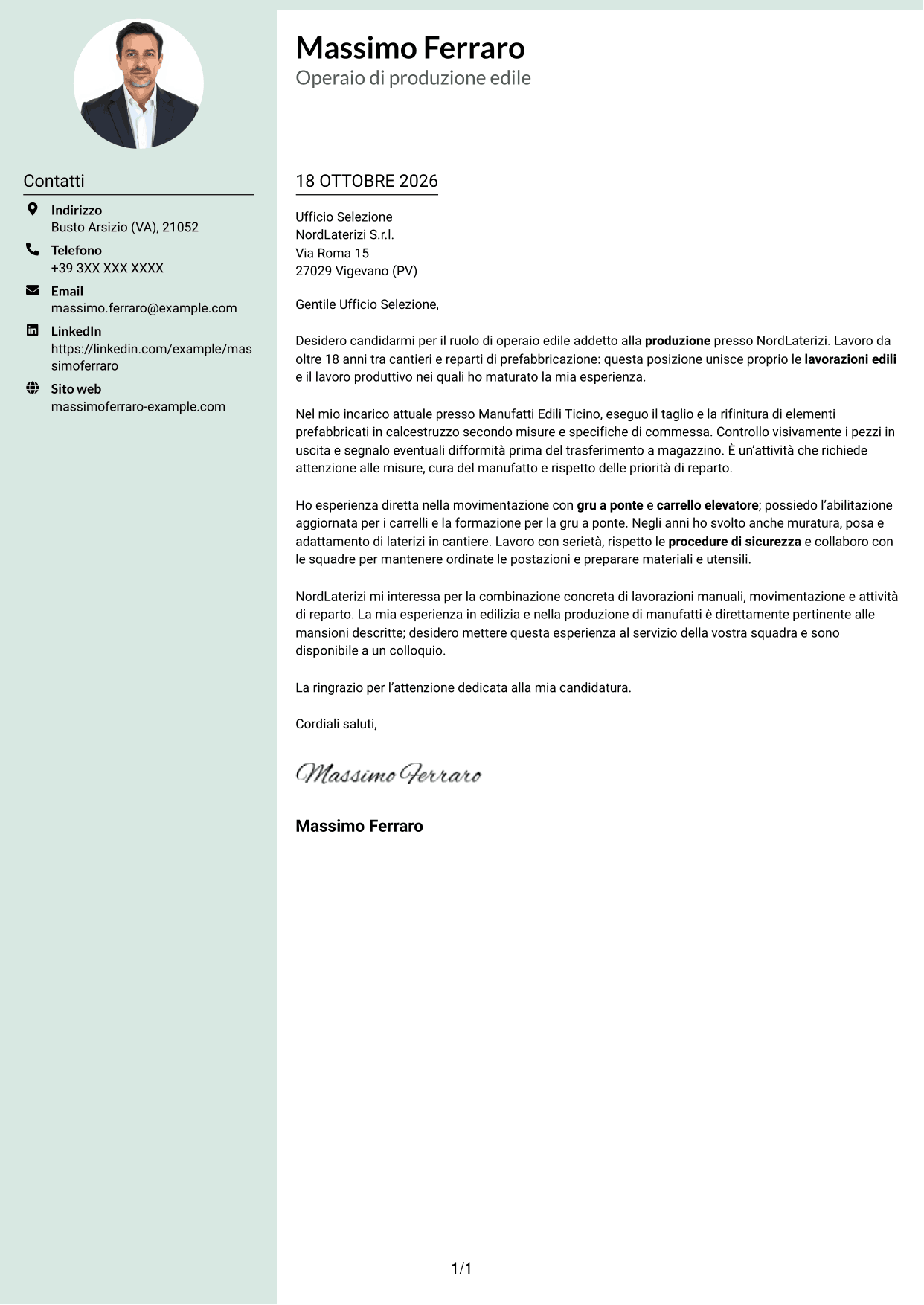 Lettera di presentazione Dirigente (formato con colonna laterale tenue e foto arrotondata): Operaio edile - Produzione di materiali edili, pagina 1