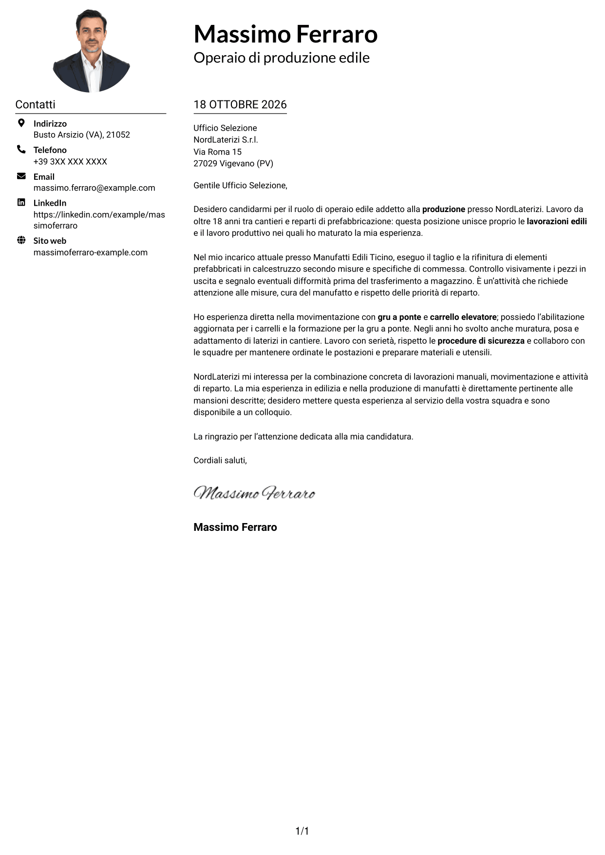 Esempio di lettera di presentazione — pagina 1