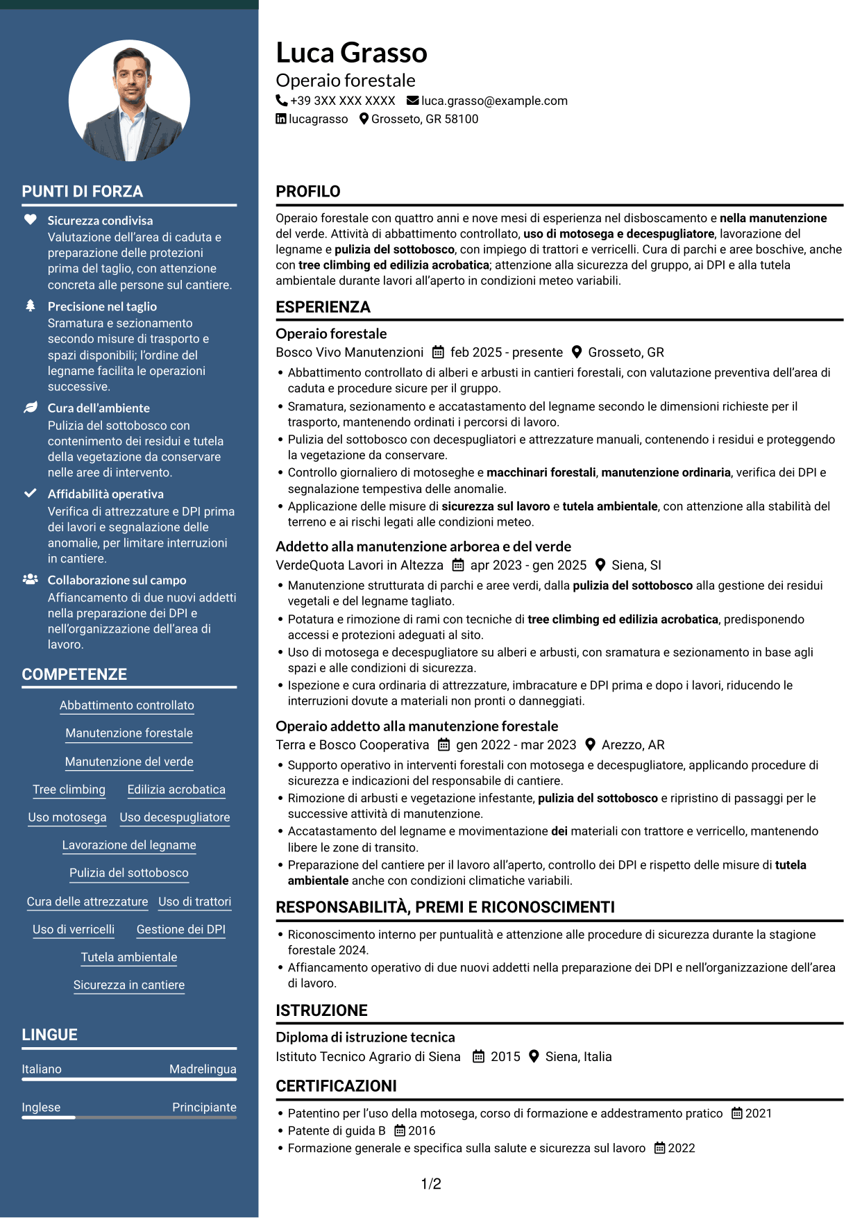 CV Elegante (formato con colonna laterale colorata e foto): Operaio forestale - Disboscamento e manutenzione forestale, pagina 1