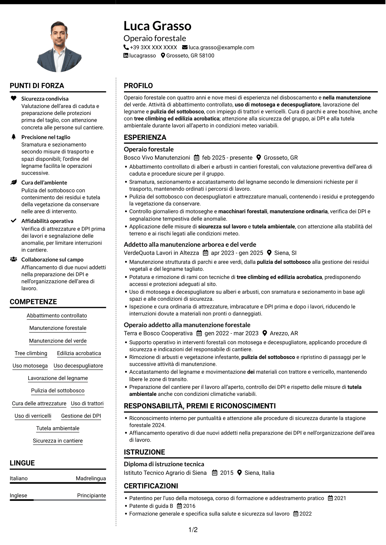 CV Moderno (formato a due colonne con foto a sinistra e separatore): Operaio forestale - Disboscamento e manutenzione forestale, pagina 1
