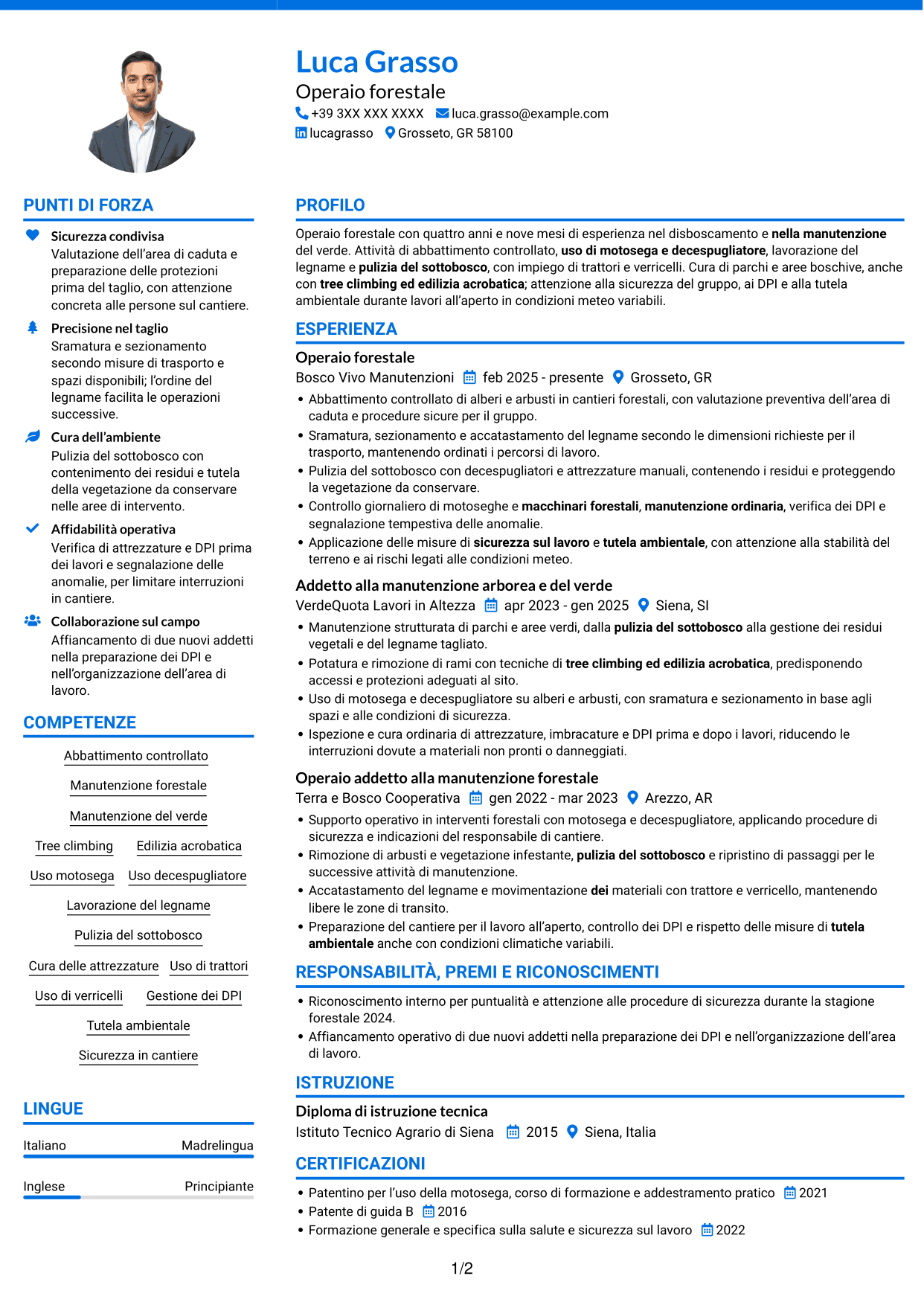 CV Audace (formato a due colonne con accenti colorati e foto): Operaio forestale - Disboscamento e manutenzione forestale, pagina 1