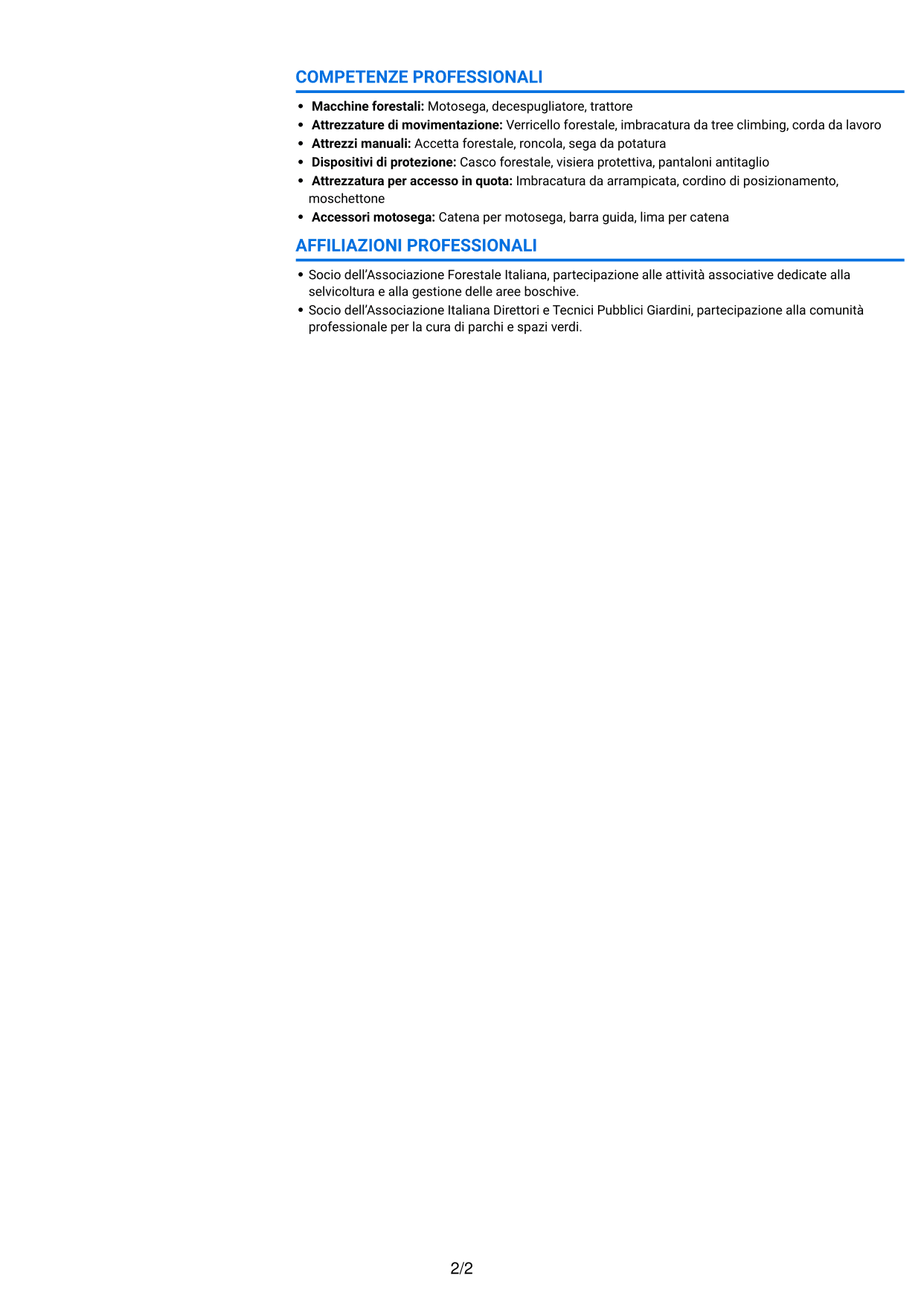 CV Audace (formato a due colonne con accenti colorati e foto): Operaio forestale - Disboscamento e manutenzione forestale, pagina 2