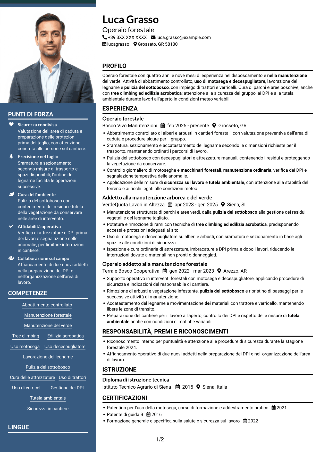 CV Signature (formato con colonna laterale colorata e foto grande): Operaio forestale - Disboscamento e manutenzione forestale, pagina 1
