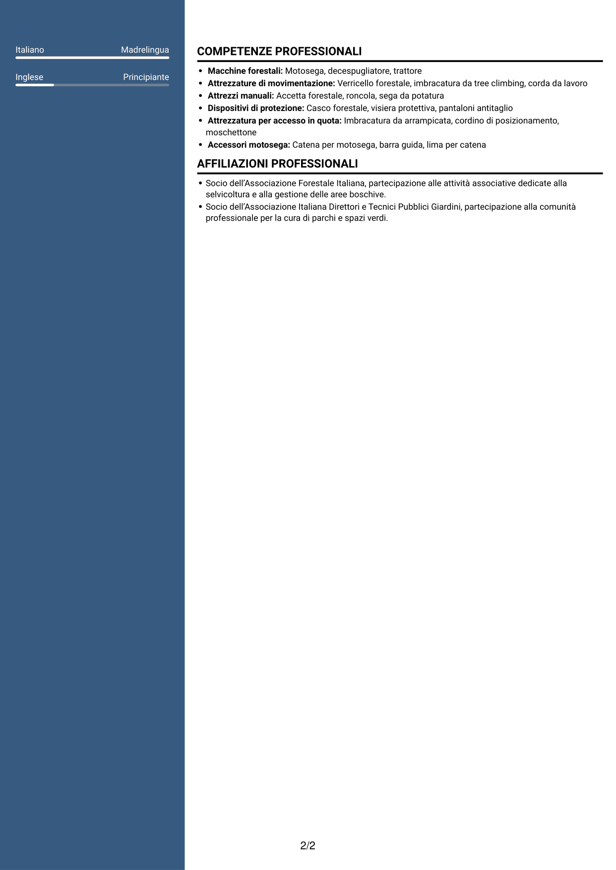 CV Signature (formato con colonna laterale colorata e foto grande): Operaio forestale - Disboscamento e manutenzione forestale, pagina 2