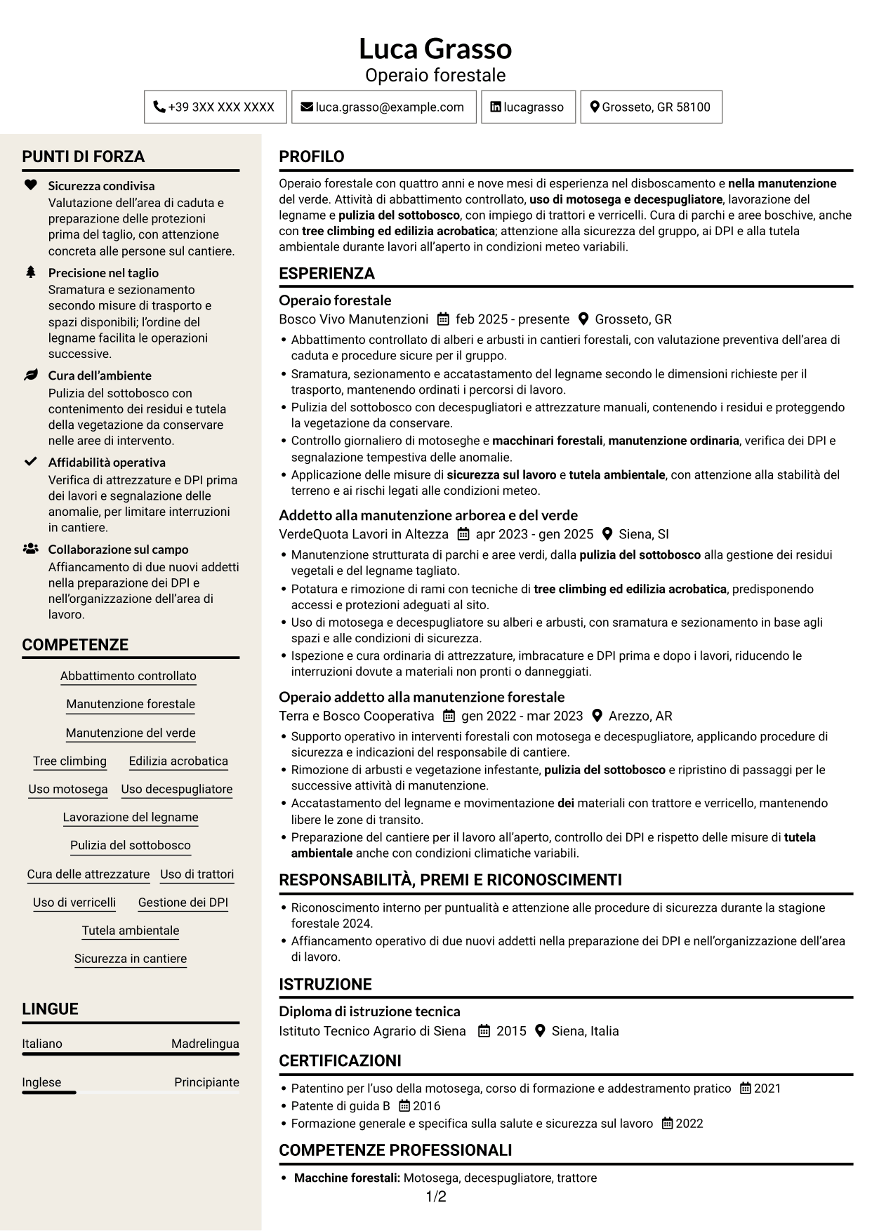 CV Intraprendente (formato a due colonne con intestazione centrata senza foto): Operaio forestale - Disboscamento e manutenzione forestale, pagina 1