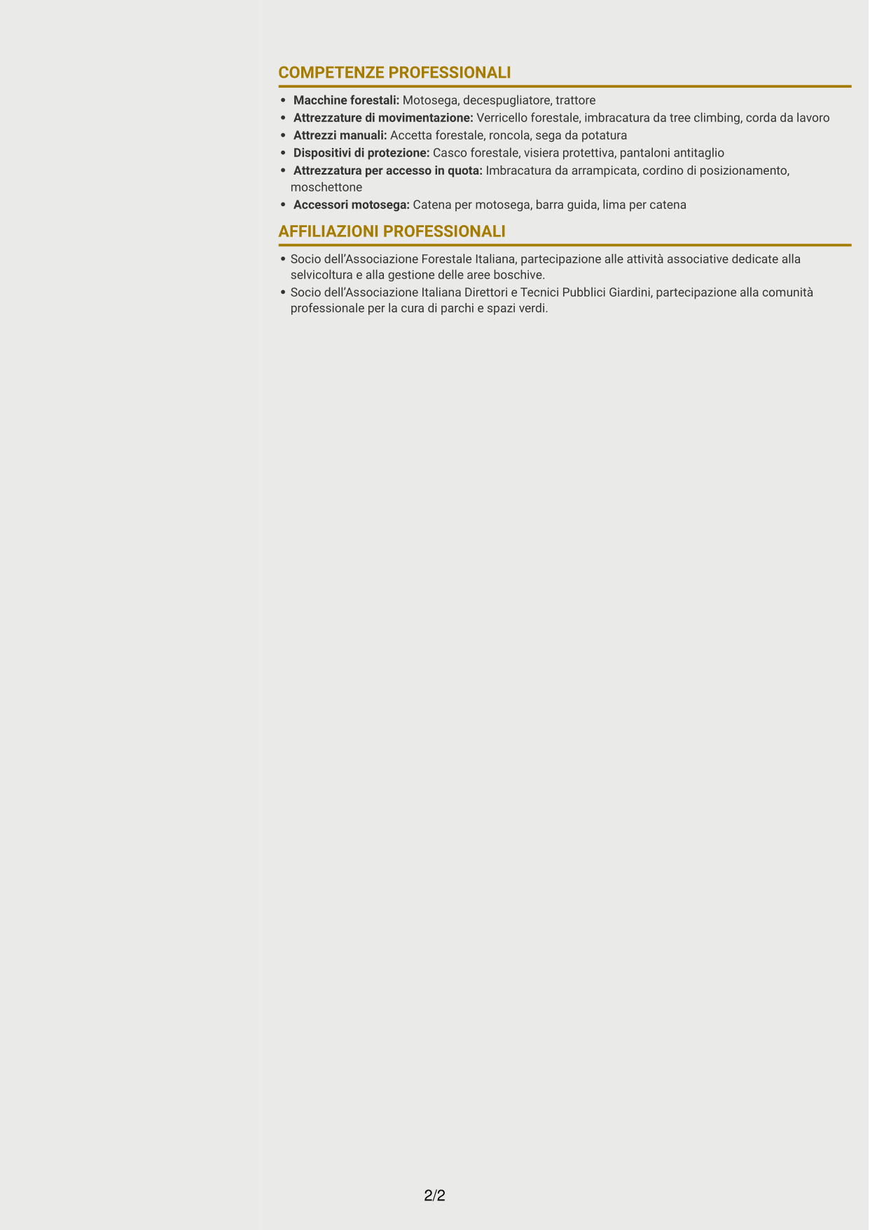 CV Dinamico (formato a due colonne con icone): Operaio forestale - Disboscamento e manutenzione forestale, pagina 2