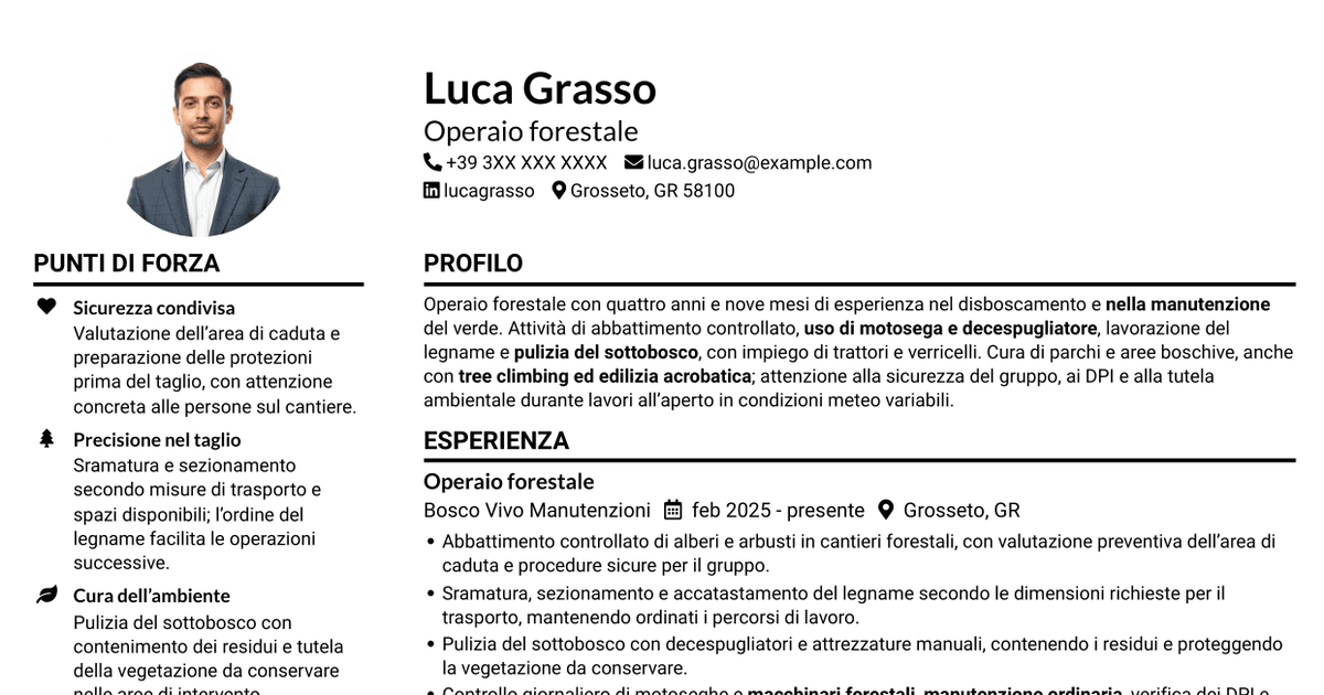 7 modelli di CV per Operaio forestale - Disboscamento e manutenzione forestale, con esempi