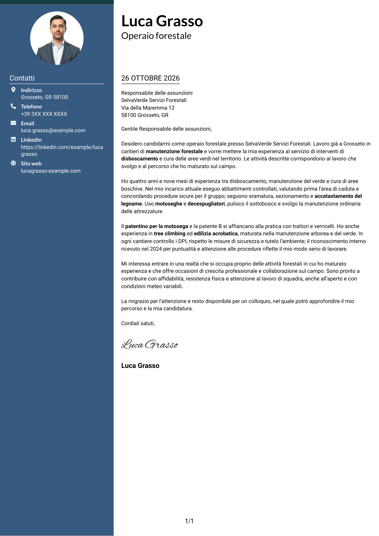 Lettera di presentazione Elegante (formato con colonna laterale colorata e foto): Operaio forestale - Disboscamento e manutenzione forestale, pagina 1