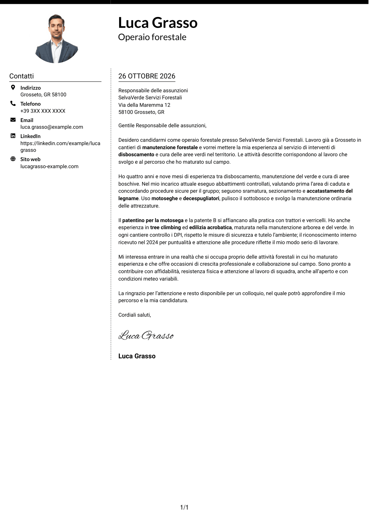 Lettera di presentazione Moderno (formato a due colonne con foto a sinistra e separatore): Operaio forestale - Disboscamento e manutenzione forestale, pagina 1