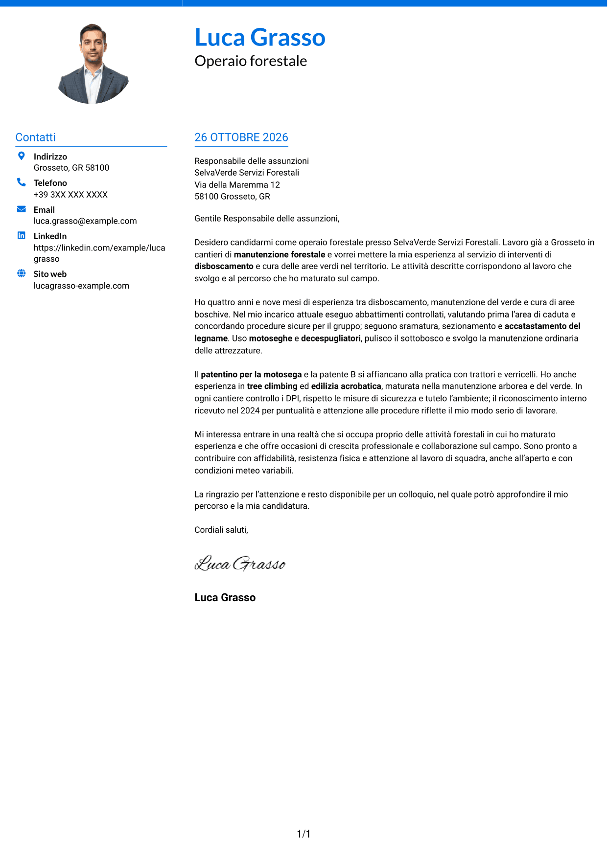 Lettera di presentazione Audace (formato a due colonne con accenti colorati e foto): Operaio forestale - Disboscamento e manutenzione forestale, pagina 1