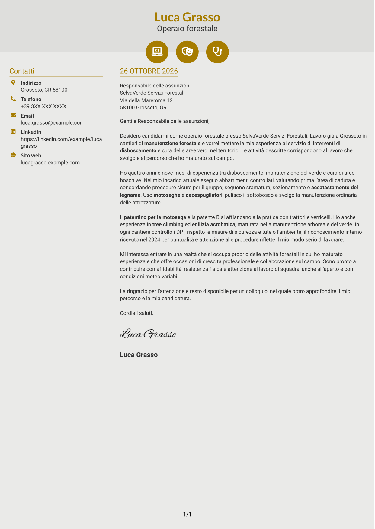Lettera di presentazione Dinamico (formato a due colonne con icone): Operaio forestale - Disboscamento e manutenzione forestale, pagina 1