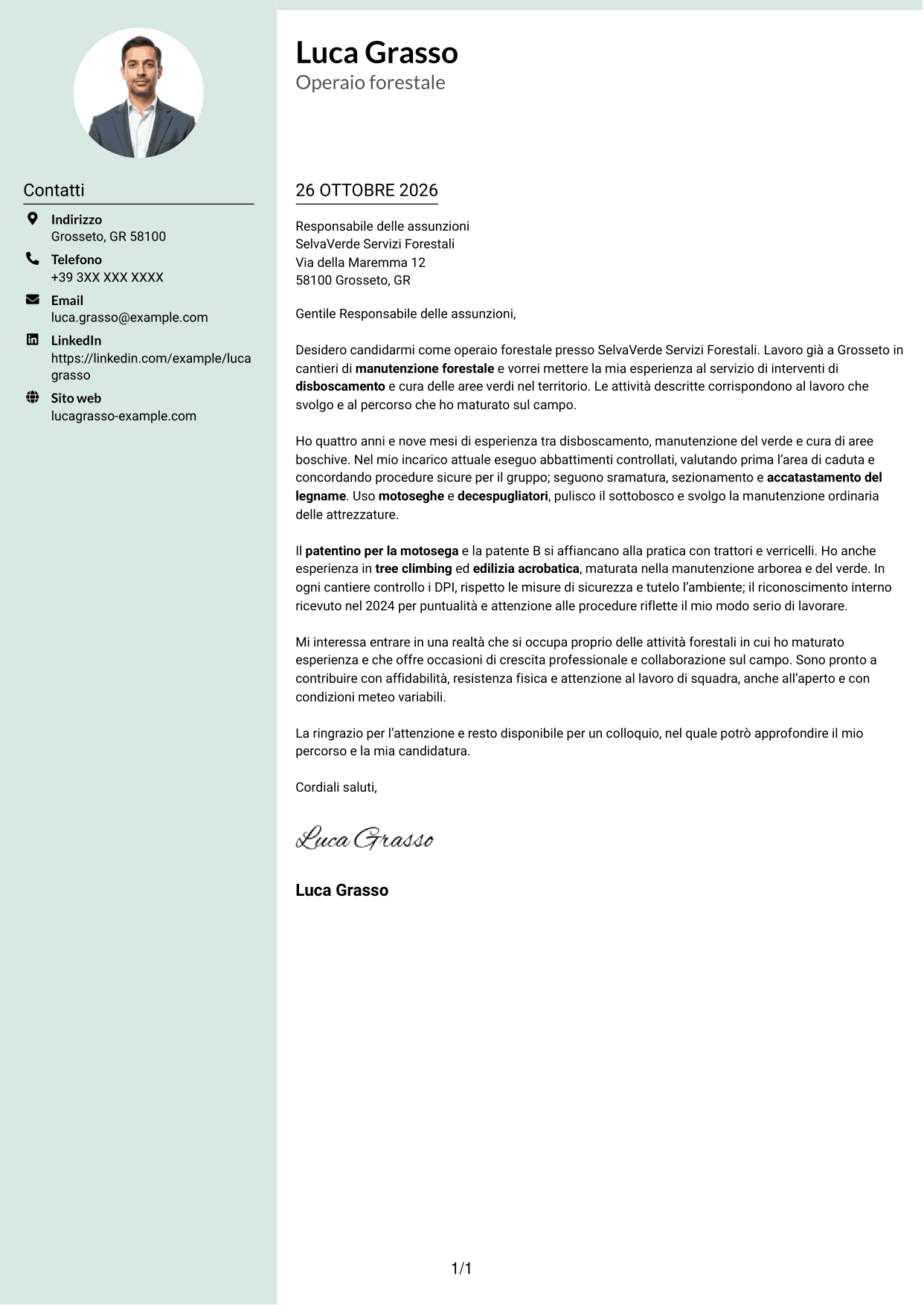 Lettera di presentazione Dirigente (formato con colonna laterale tenue e foto arrotondata): Operaio forestale - Disboscamento e manutenzione forestale, pagina 1