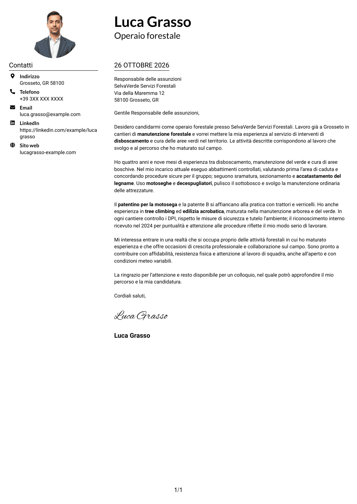 Esempio di lettera di presentazione — pagina 1
