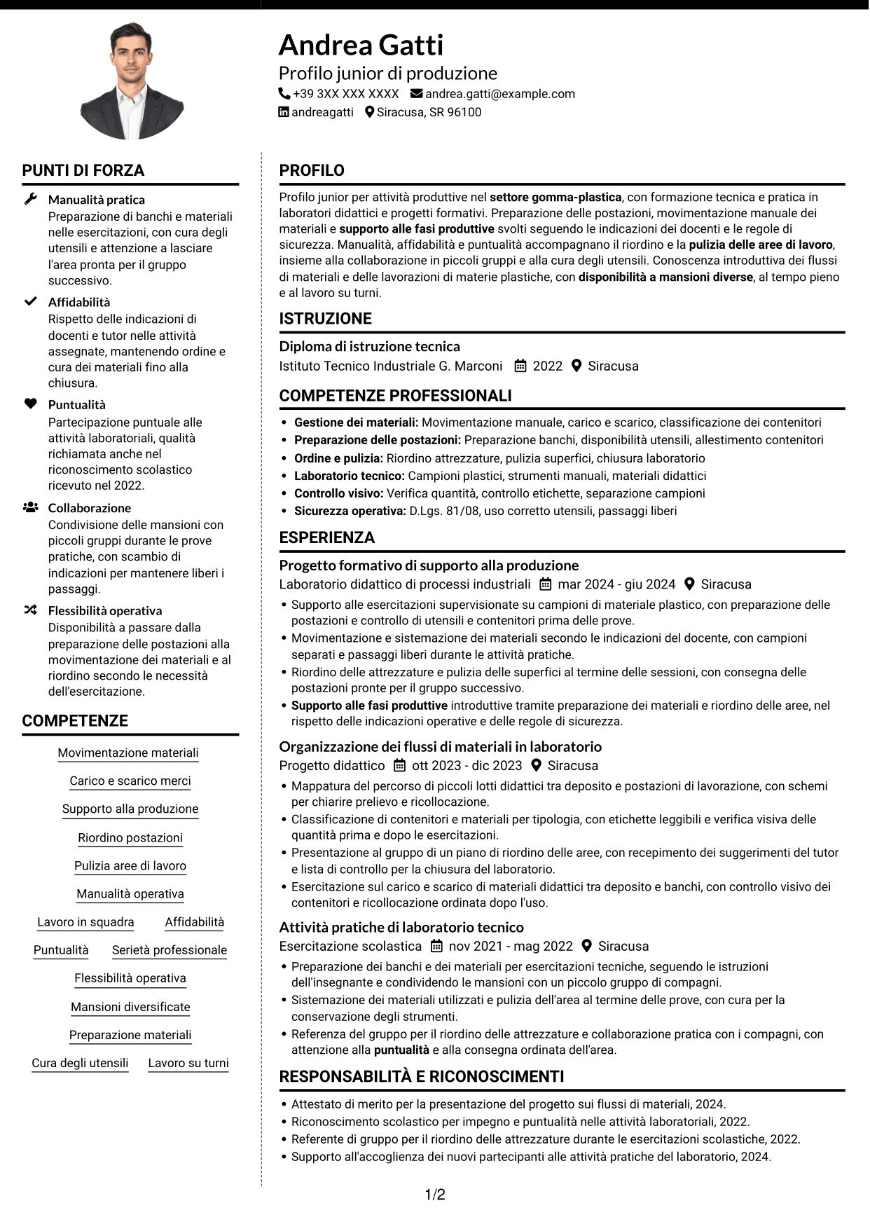 CV Moderno (formato a due colonne con foto a sinistra e separatore): Operaio generico di produzione Gomma-plastica, pagina 1