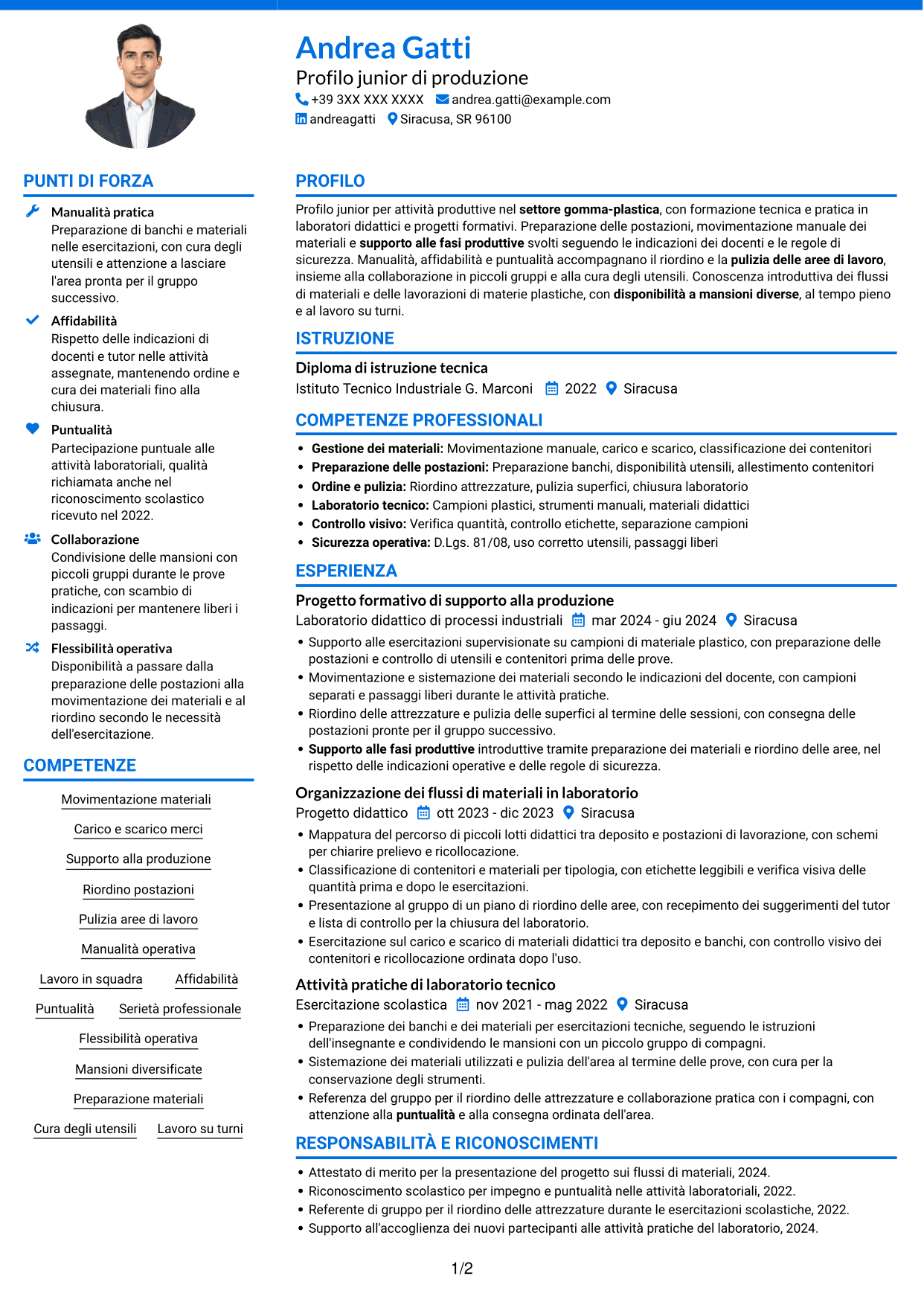 CV Audace (formato a due colonne con accenti colorati e foto): Operaio generico di produzione Gomma-plastica, pagina 1