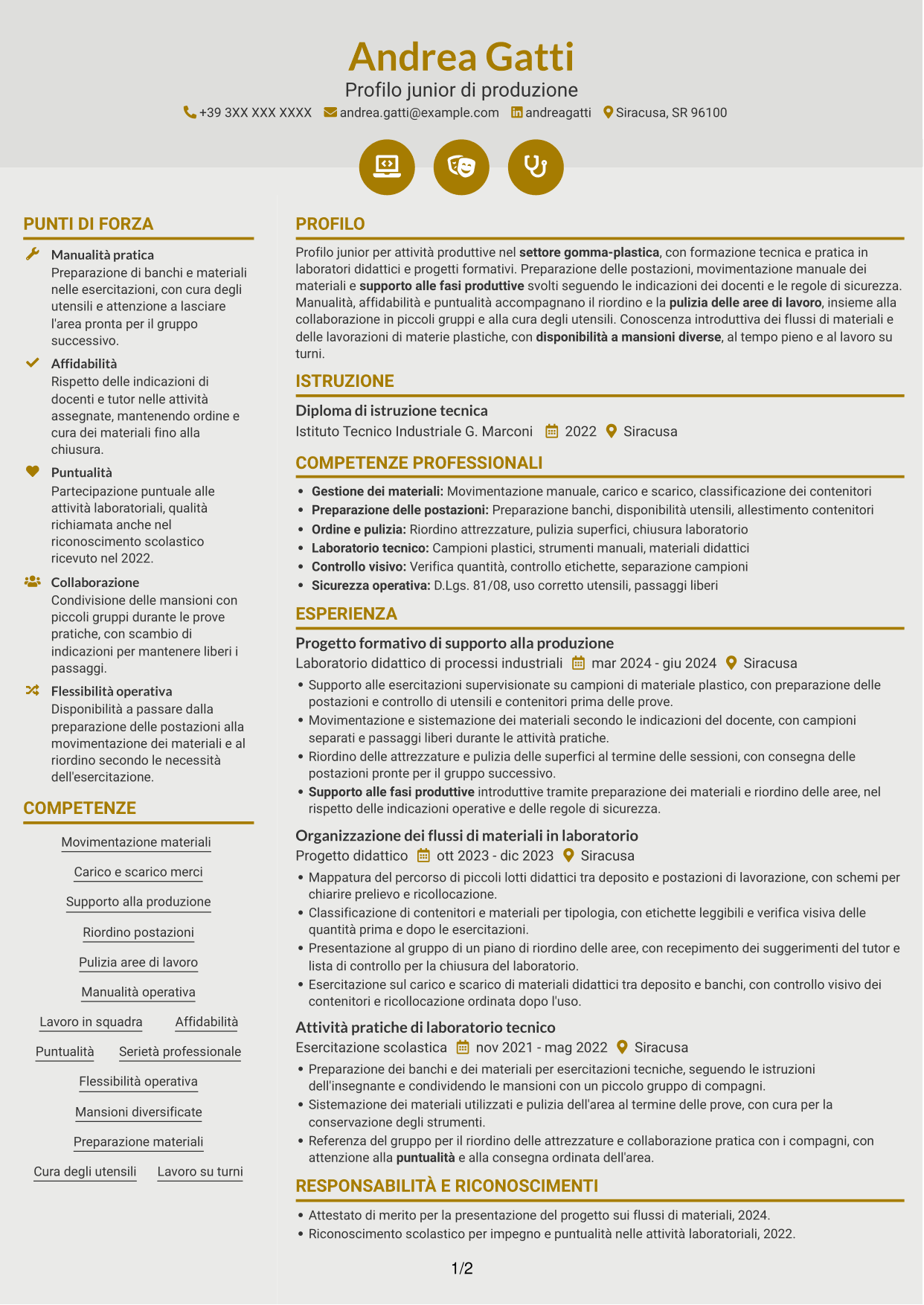 CV Dinamico (formato a due colonne con icone): Operaio generico di produzione Gomma-plastica, pagina 1