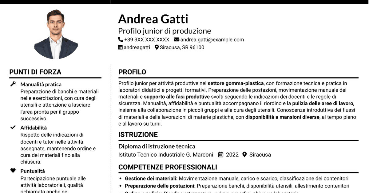 7 modelli di CV per Operaio generico di produzione Gomma-plastica, con esempi