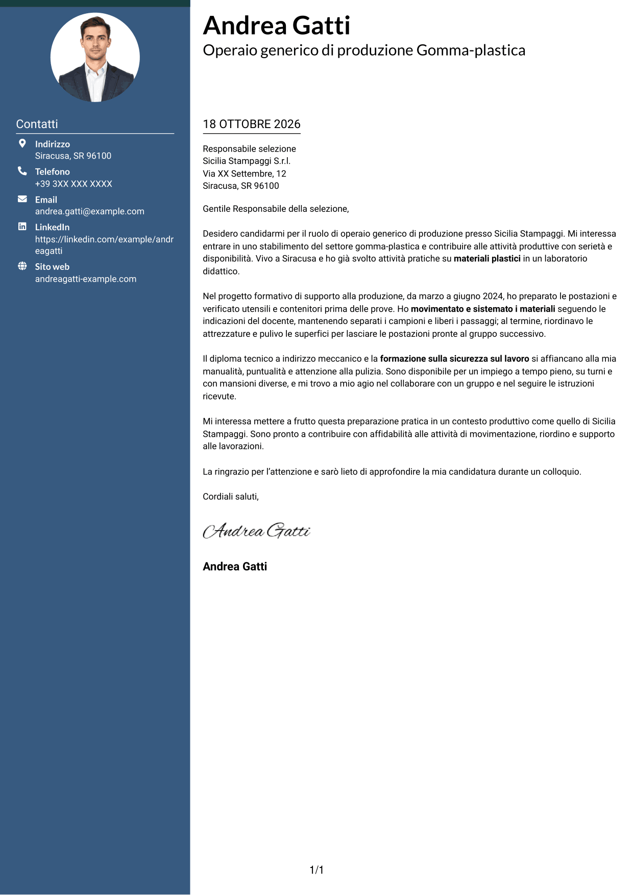 Lettera di presentazione Elegante (formato con colonna laterale colorata e foto): Operaio generico di produzione Gomma-plastica, pagina 1