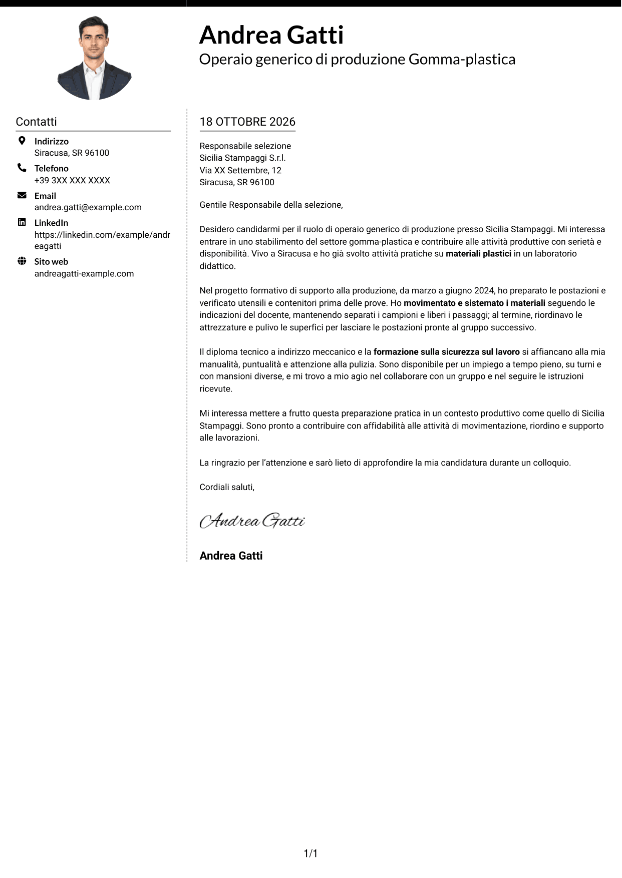 Lettera di presentazione Moderno (formato a due colonne con foto a sinistra e separatore): Operaio generico di produzione Gomma-plastica, pagina 1