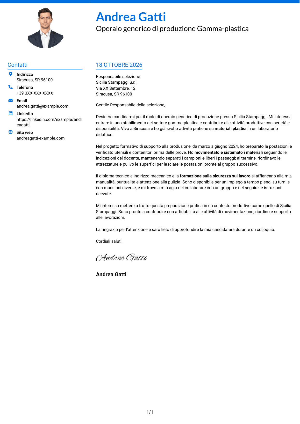 Lettera di presentazione Audace (formato a due colonne con accenti colorati e foto): Operaio generico di produzione Gomma-plastica, pagina 1