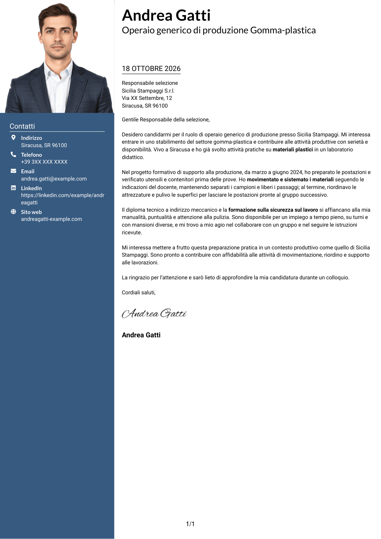 Lettera di presentazione Signature (formato con colonna laterale colorata e foto grande): Operaio generico di produzione Gomma-plastica, pagina 1
