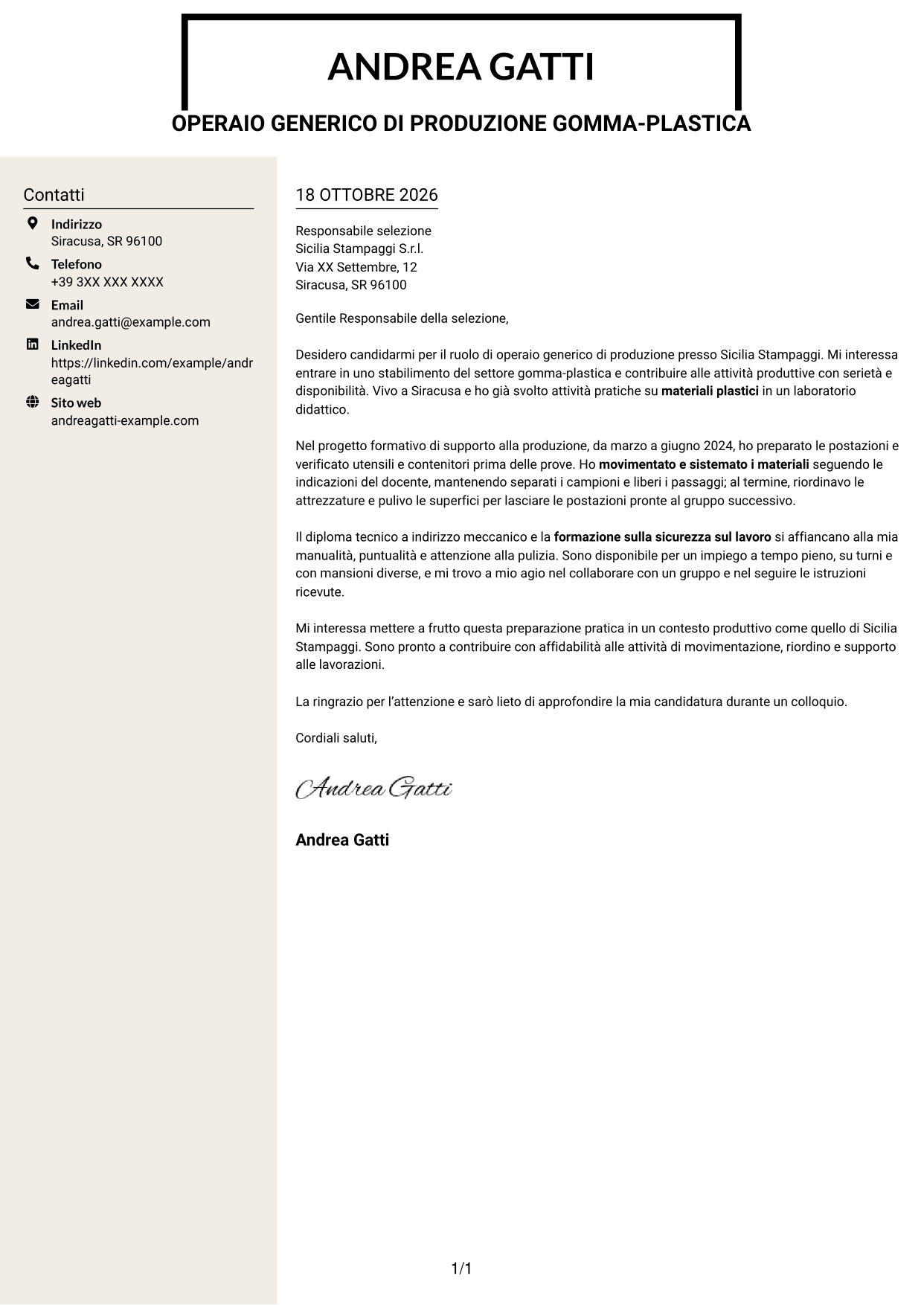 Lettera di presentazione Intraprendente (formato a due colonne con intestazione centrata senza foto): Operaio generico di produzione Gomma-plastica, pagina 1