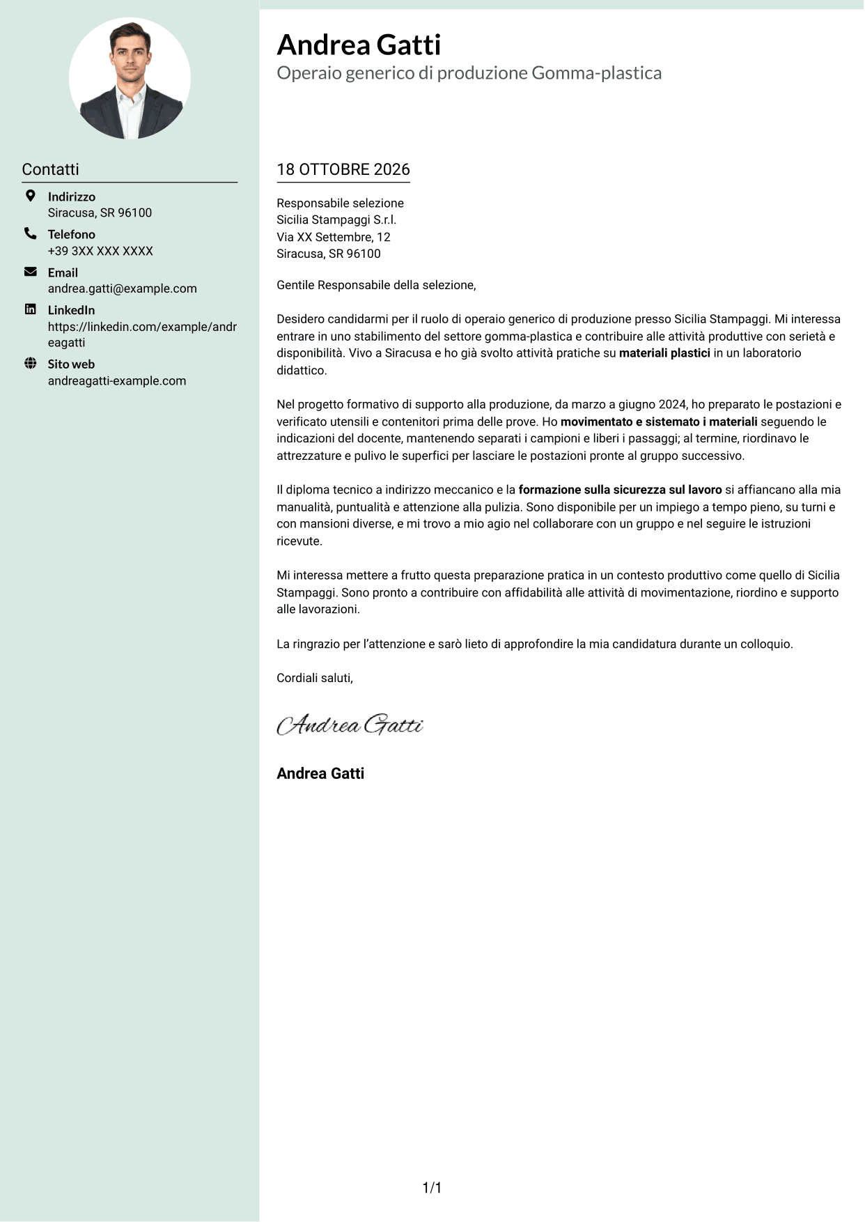 Lettera di presentazione Dirigente (formato con colonna laterale tenue e foto arrotondata): Operaio generico di produzione Gomma-plastica, pagina 1