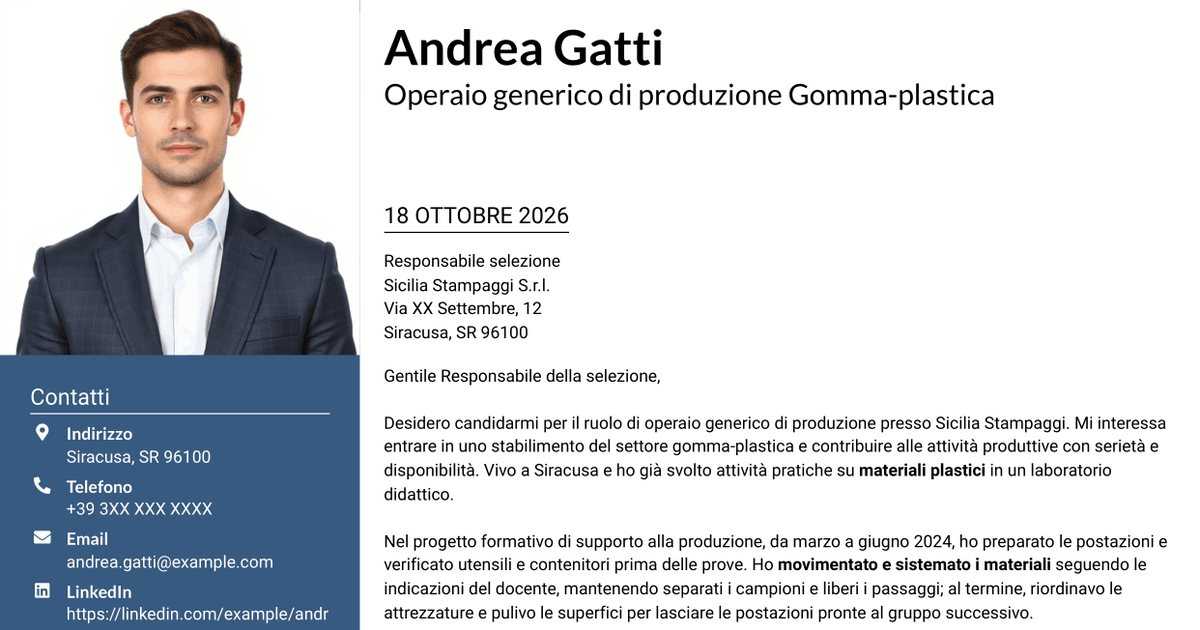7 modelli di lettera di presentazione per Operaio generico di produzione Gomma-plastica, con esempi