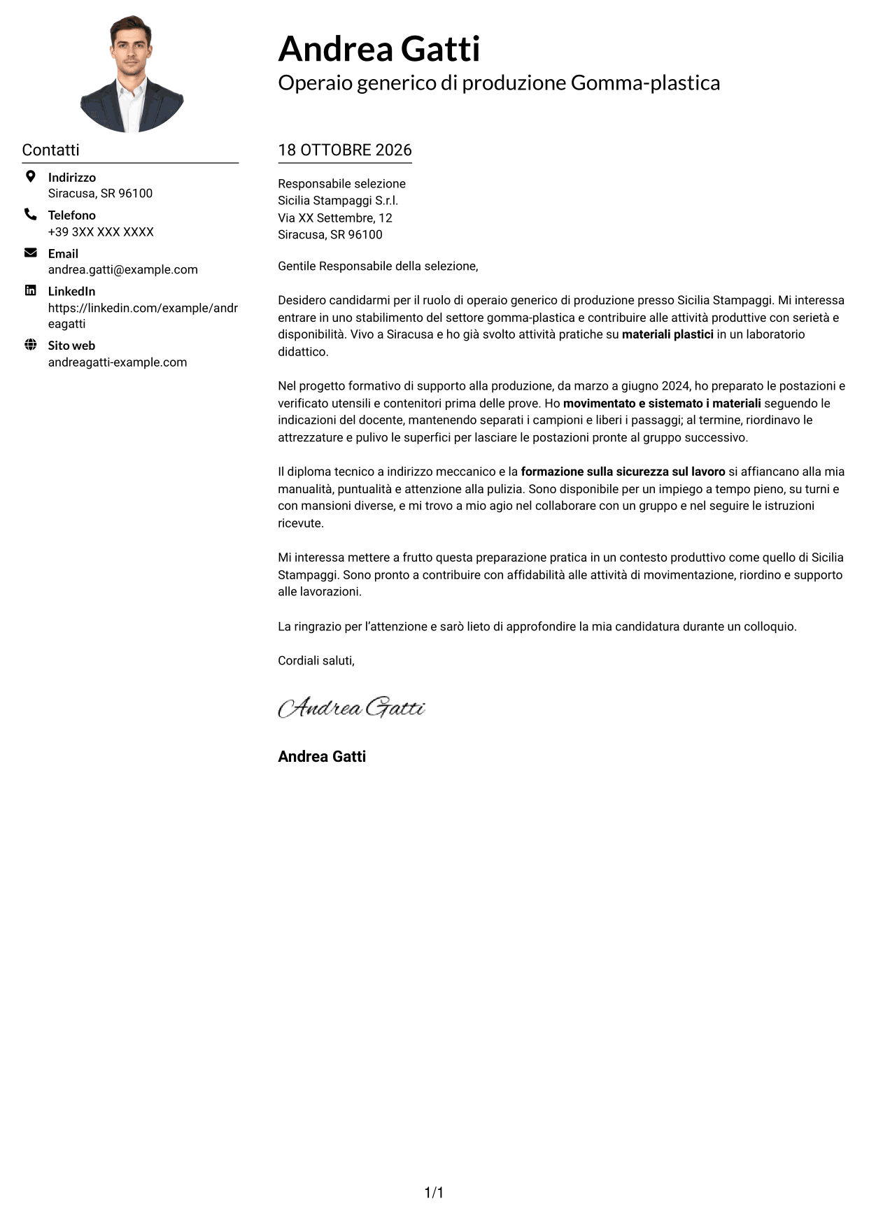 Esempio di lettera di presentazione — pagina 1