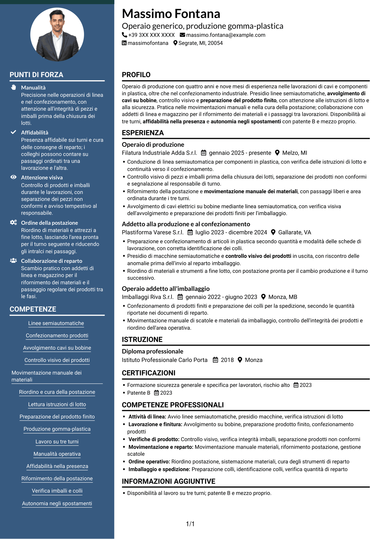 CV Elegante (formato con colonna laterale colorata e foto): Operaio generico - Produzione gomma-plastica, pagina 1