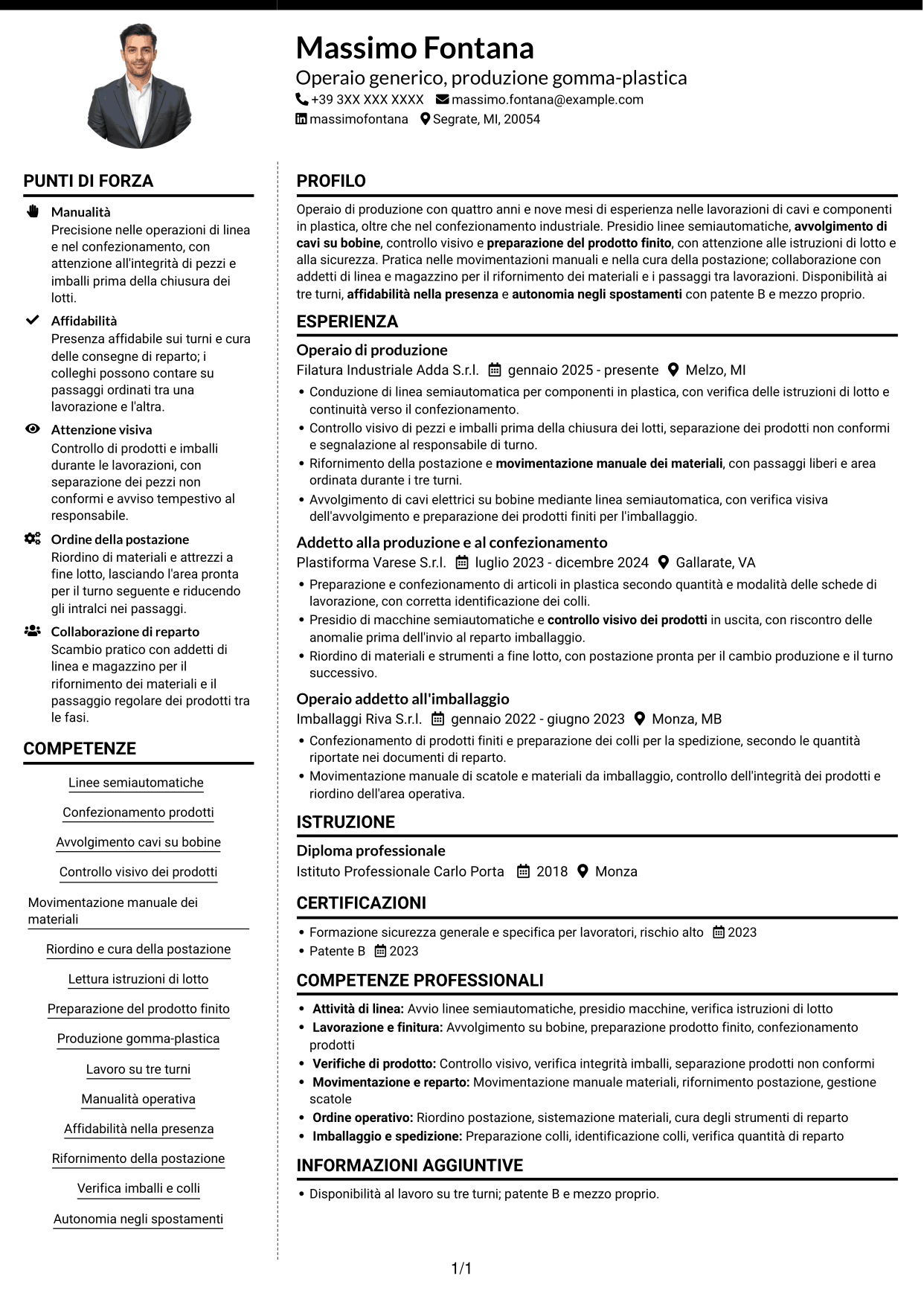 CV Moderno (formato a due colonne con foto a sinistra e separatore): Operaio generico - Produzione gomma-plastica, pagina 1