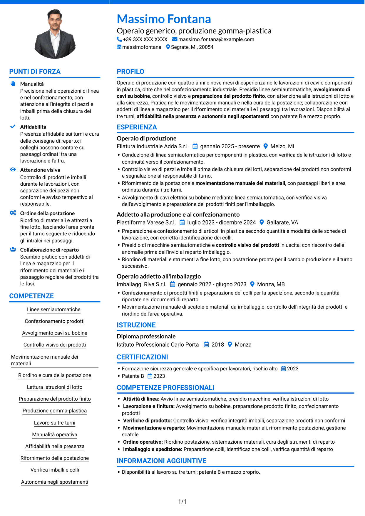 CV Audace (formato a due colonne con accenti colorati e foto): Operaio generico - Produzione gomma-plastica, pagina 1