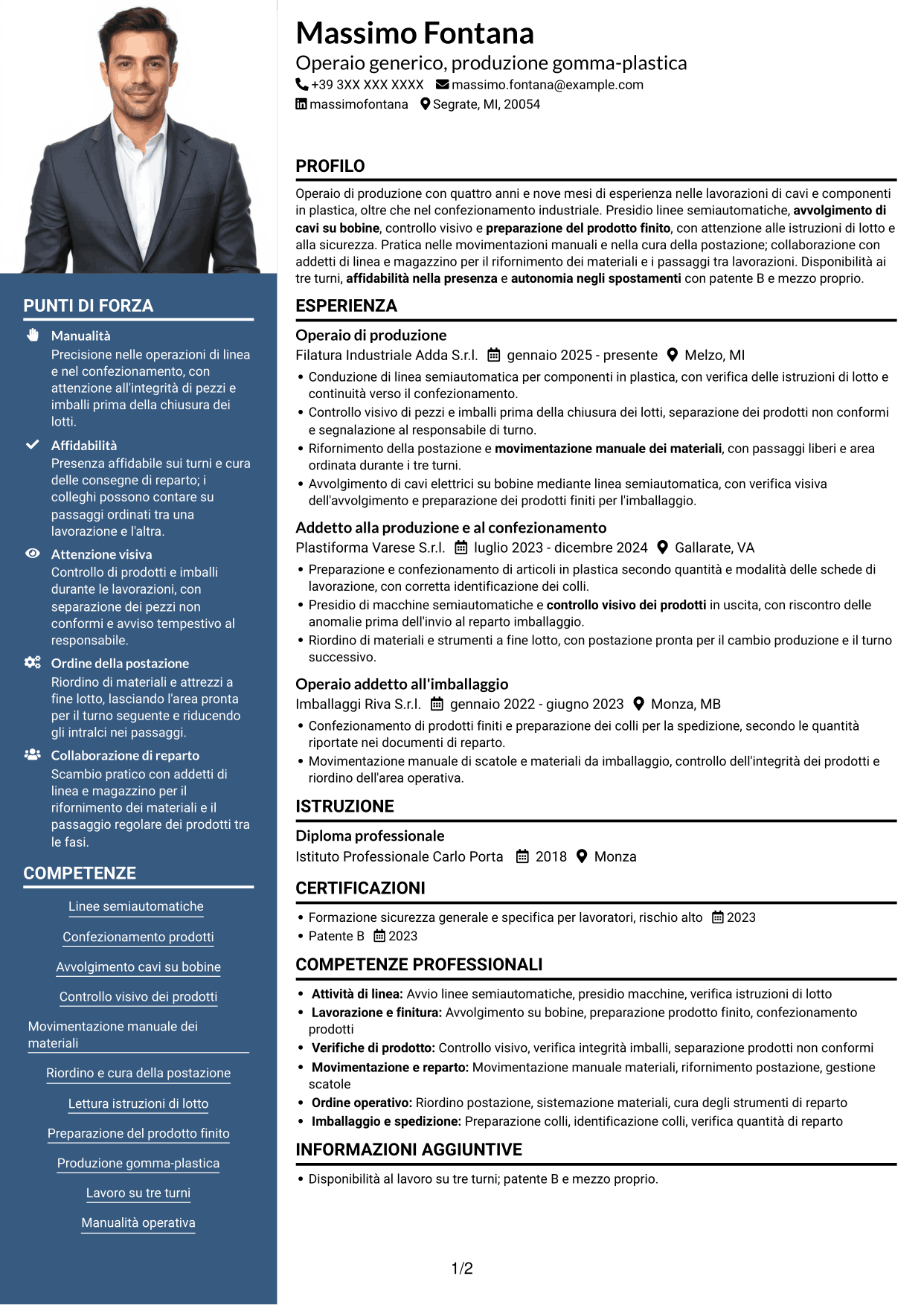 CV Signature (formato con colonna laterale colorata e foto grande): Operaio generico - Produzione gomma-plastica, pagina 1