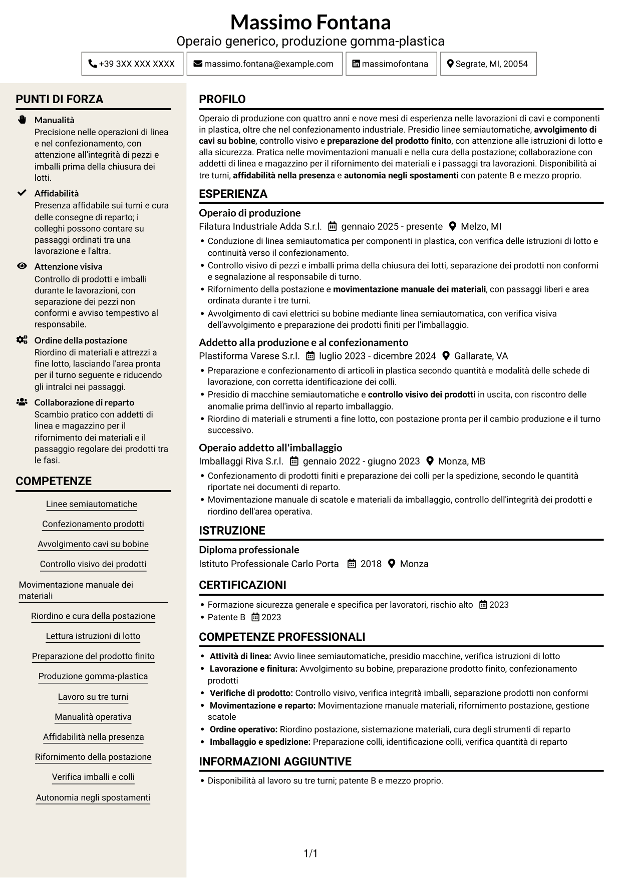 CV Intraprendente (formato a due colonne con intestazione centrata senza foto): Operaio generico - Produzione gomma-plastica, pagina 1