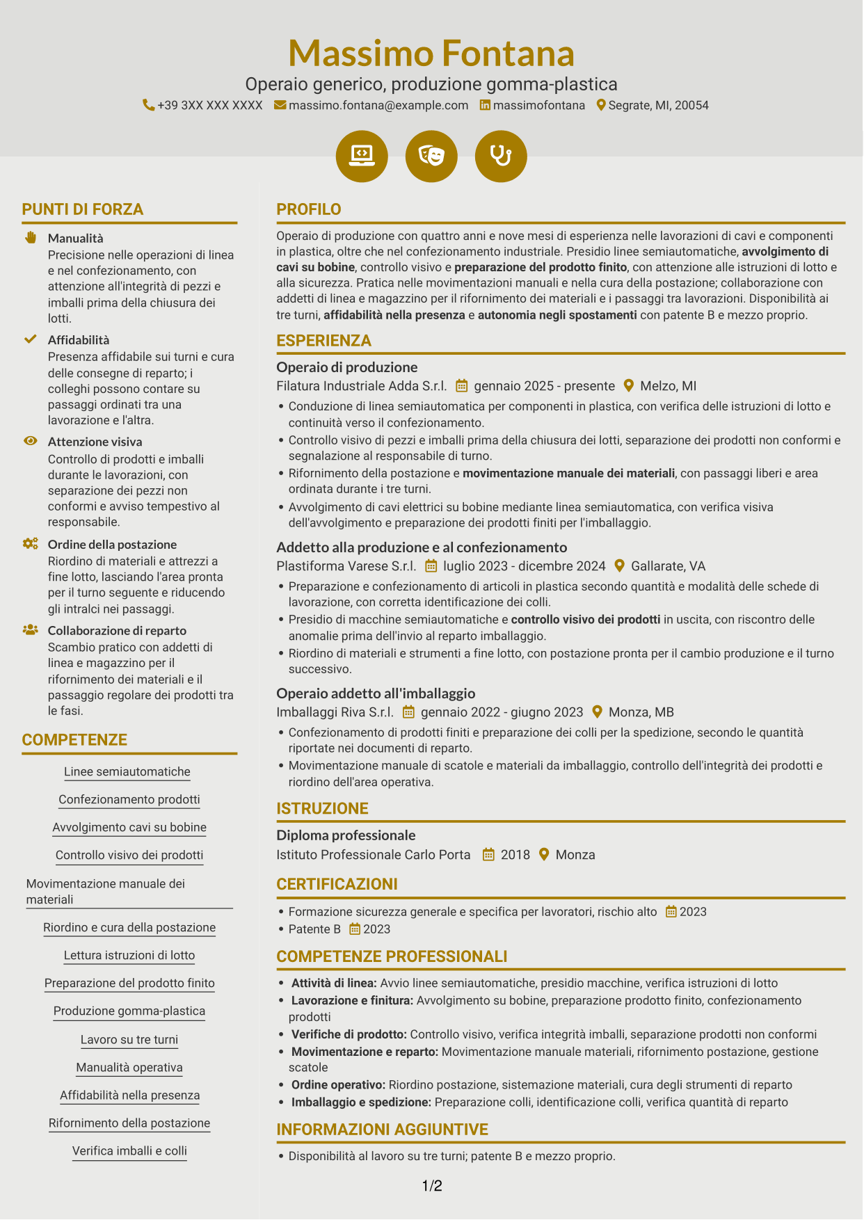 CV Dinamico (formato a due colonne con icone): Operaio generico - Produzione gomma-plastica, pagina 1