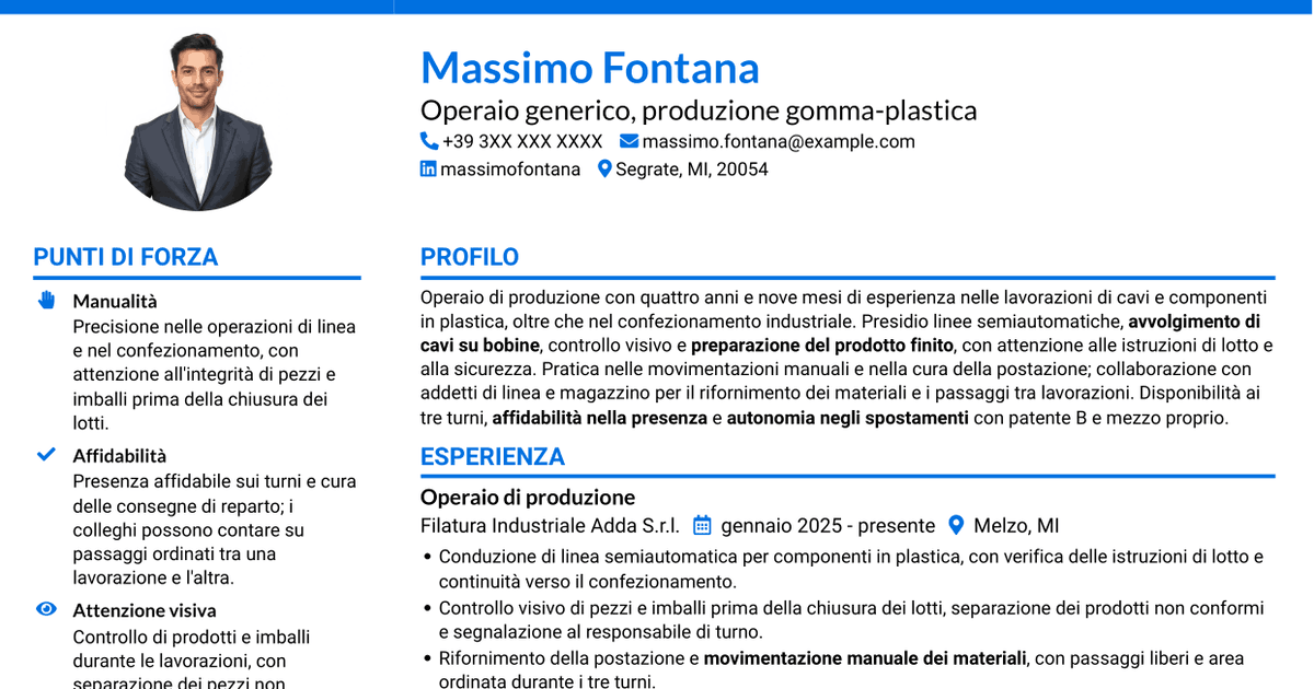 7 modelli di CV per Operaio generico - Produzione gomma-plastica, con esempi