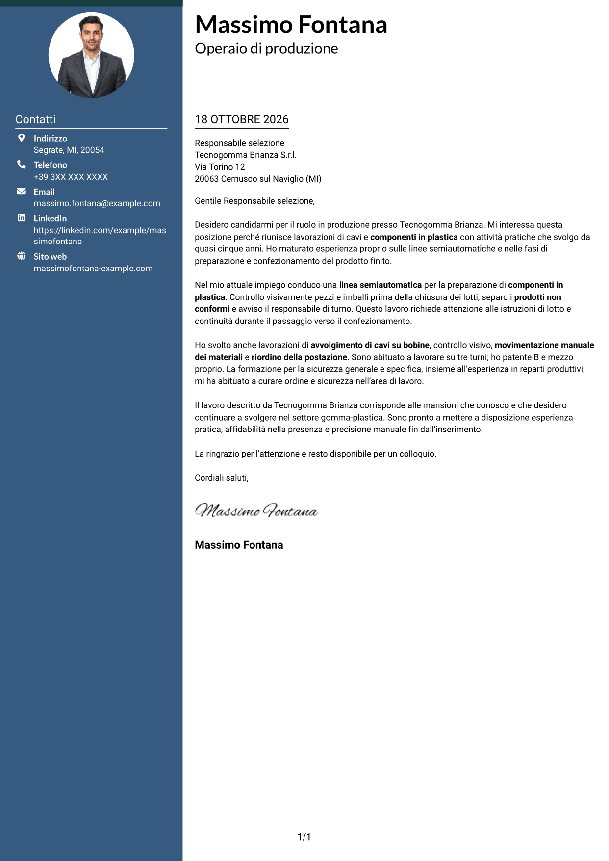 Lettera di presentazione Elegante (formato con colonna laterale colorata e foto): Operaio generico - Produzione gomma-plastica, pagina 1