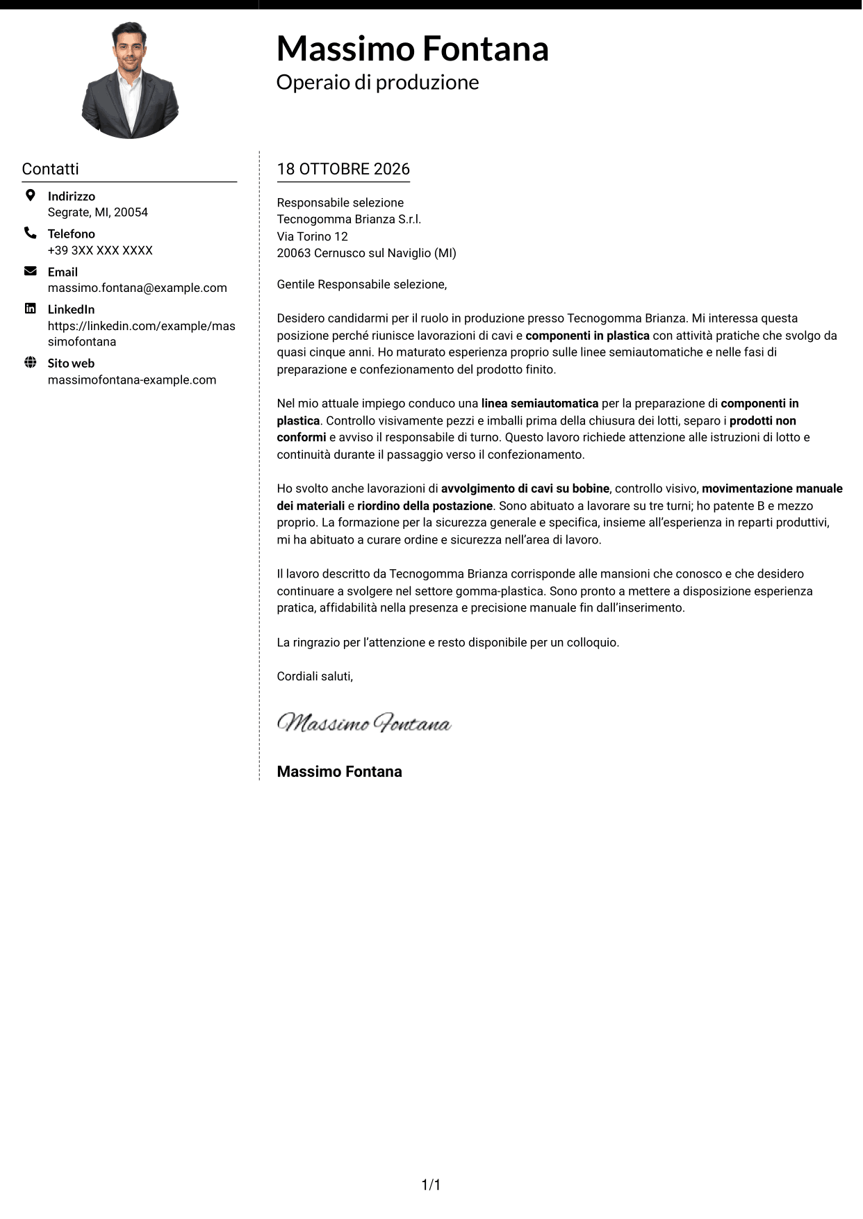 Lettera di presentazione Moderno (formato a due colonne con foto a sinistra e separatore): Operaio generico - Produzione gomma-plastica, pagina 1