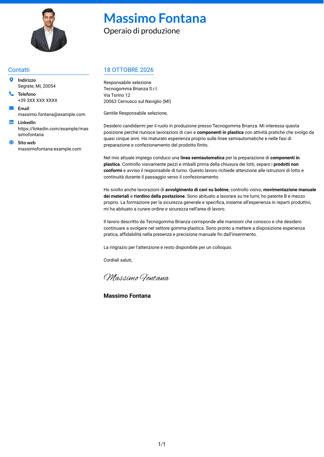 Lettera di presentazione Audace (formato a due colonne con accenti colorati e foto): Operaio generico - Produzione gomma-plastica, pagina 1