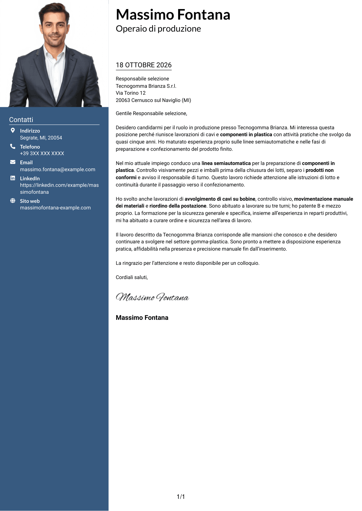 Lettera di presentazione Signature (formato con colonna laterale colorata e foto grande): Operaio generico - Produzione gomma-plastica, pagina 1