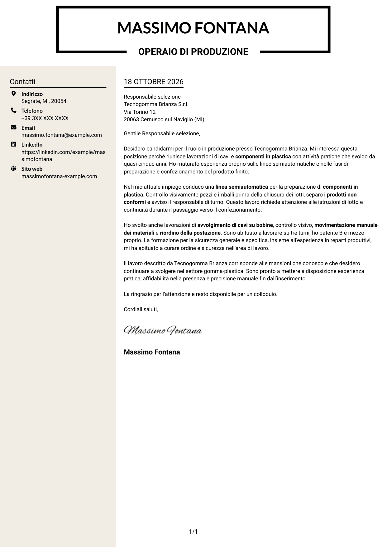 Lettera di presentazione Intraprendente (formato a due colonne con intestazione centrata senza foto): Operaio generico - Produzione gomma-plastica, pagina 1